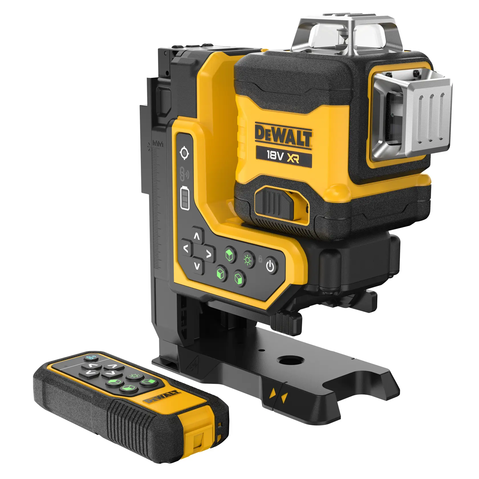 DEWALT 18V XR Laser-Nivelliergerät mit Bedienfeld und Fernsteuerung für präzise Ausrichtung.