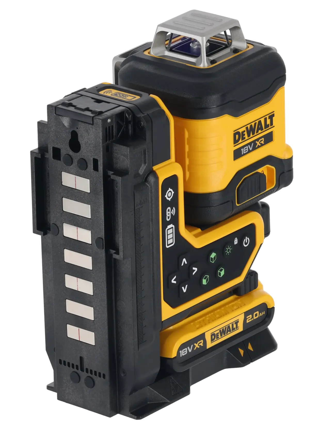 DEWALT 18V XR Laser-Nivelliergerät mit Steuertasten und Akku, geeignet für präzise Messarbeiten.