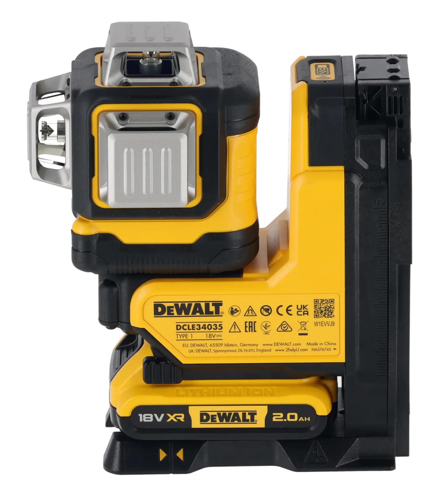 DEWALT DCLE34035D1 18V XR gelb-schwarzer, batteriebetriebener Laser zur professionellen Verwendung.