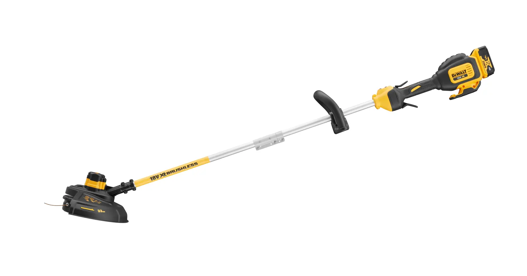 DEWALT cordless grass trimmer with yellow and black design, adjustable handle and straight shaft.