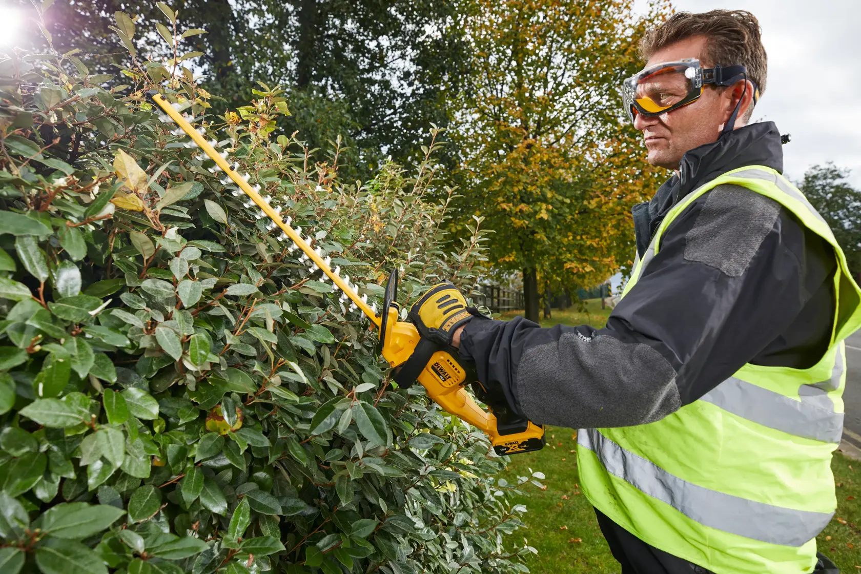 Person trimming hedge with yellow DEWALT cordless hedge trimmer outdoors, wearing gloves and safety vest.