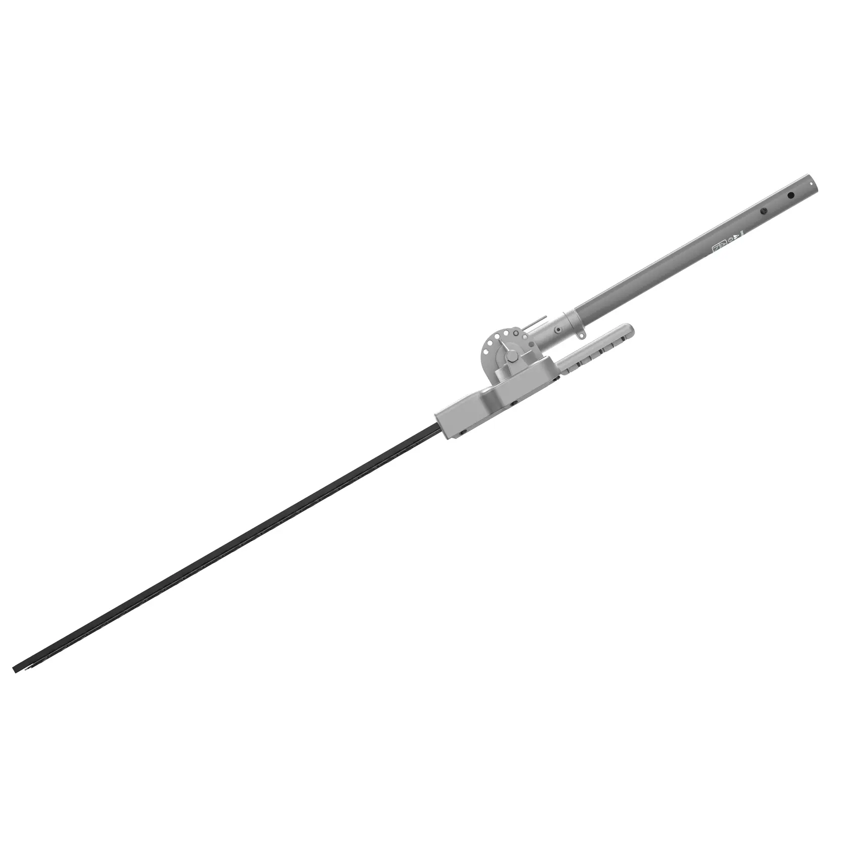 Un accesorio de poste marca DEWALT para herramienta eléctrica, con un eje largo y recto negro y un conector metálico para unir a equipos compatibles.