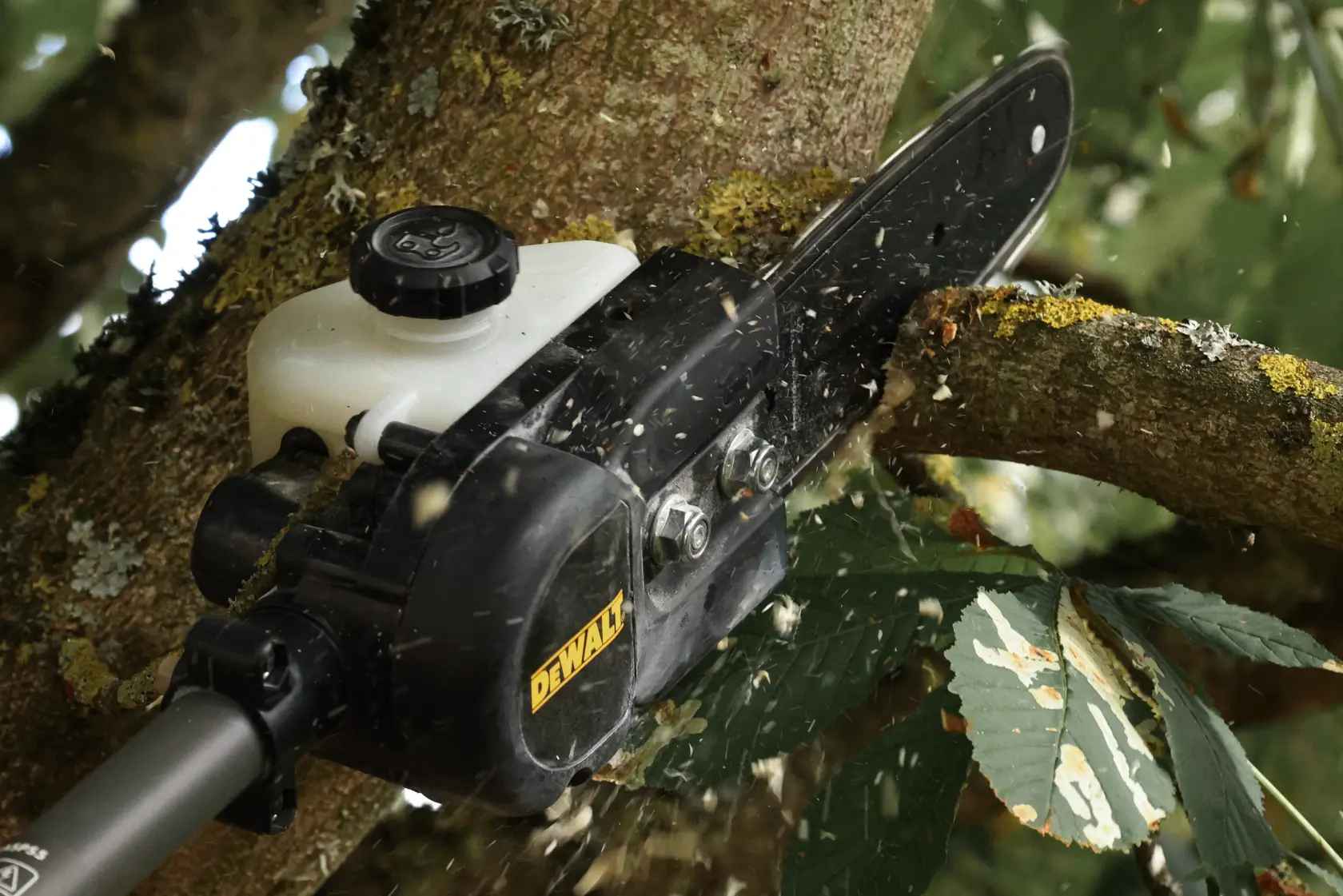 Sierra DEWALT cortando rama. SKU: DCMASED57X1, DCMASED9N, DCMASPH6N, DCMASPS5N, DCMASST1N, DCMASBC1N, DCMAS5713X1