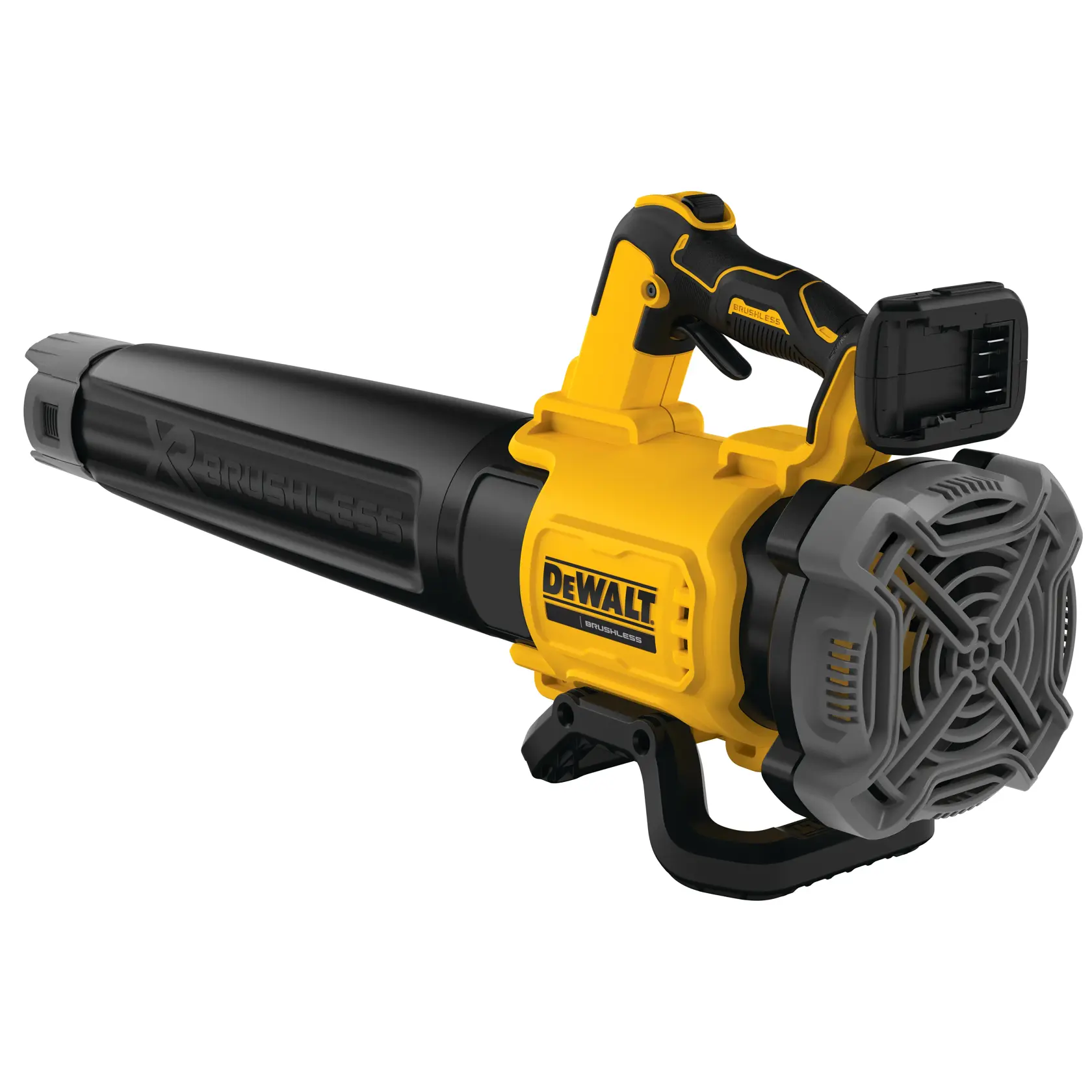 Soplador de hojas DEWALT inalámbrico, amarillo y negro, modelo brushless DCMBL562N sobre fondo blanco.