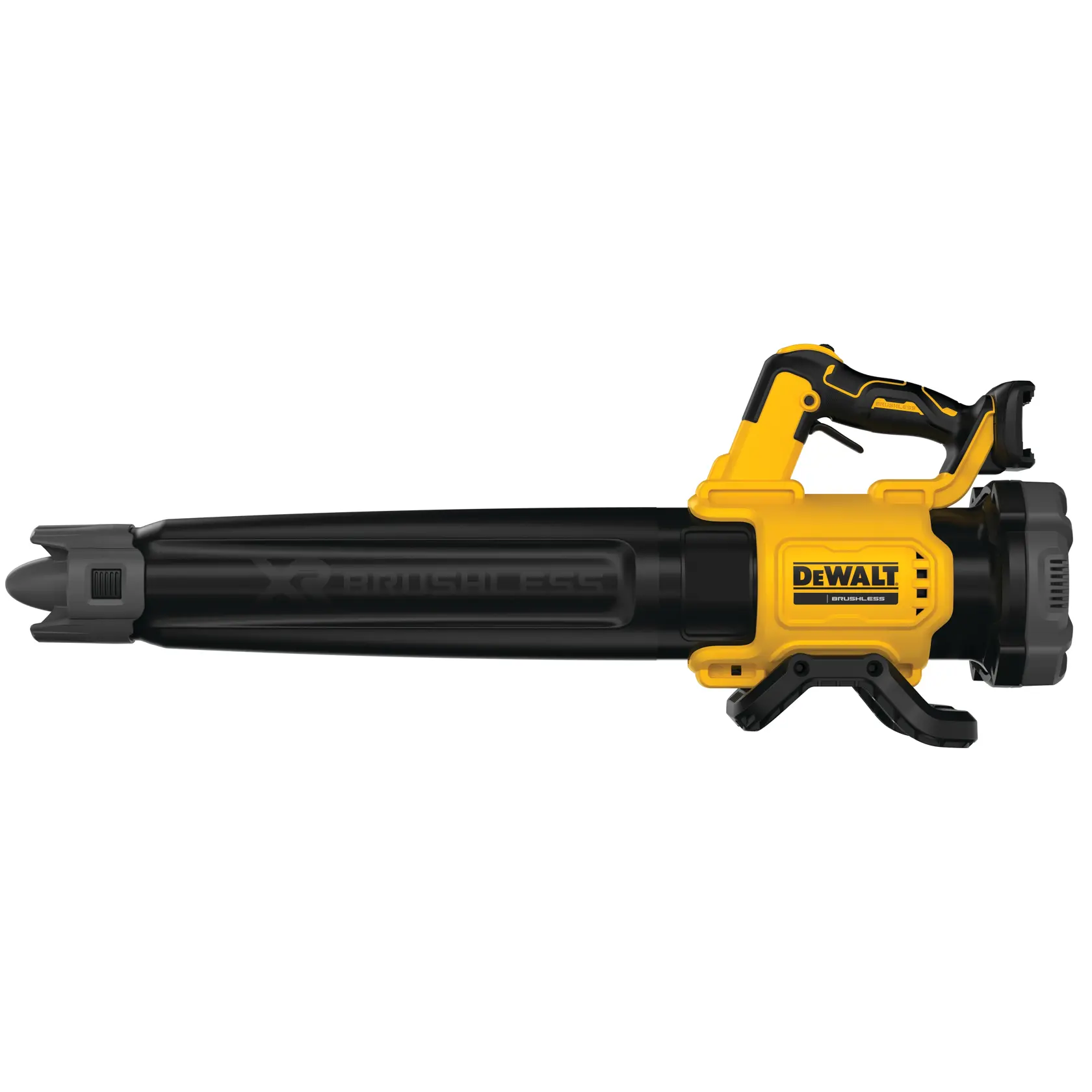Soplador de hojas DEWALT inalámbrico, amarillo y negro, brushless, vista lateral, modelo DCMBL562N.