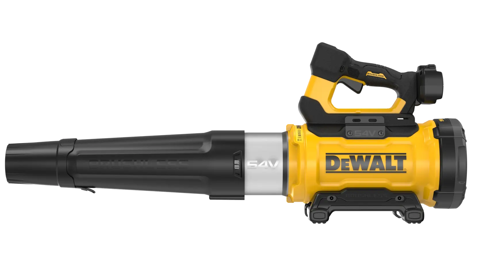 Soplador de hojas inalámbrico DEWALT 54V amarillo y negro, vista lateral sobre fondo blanco.