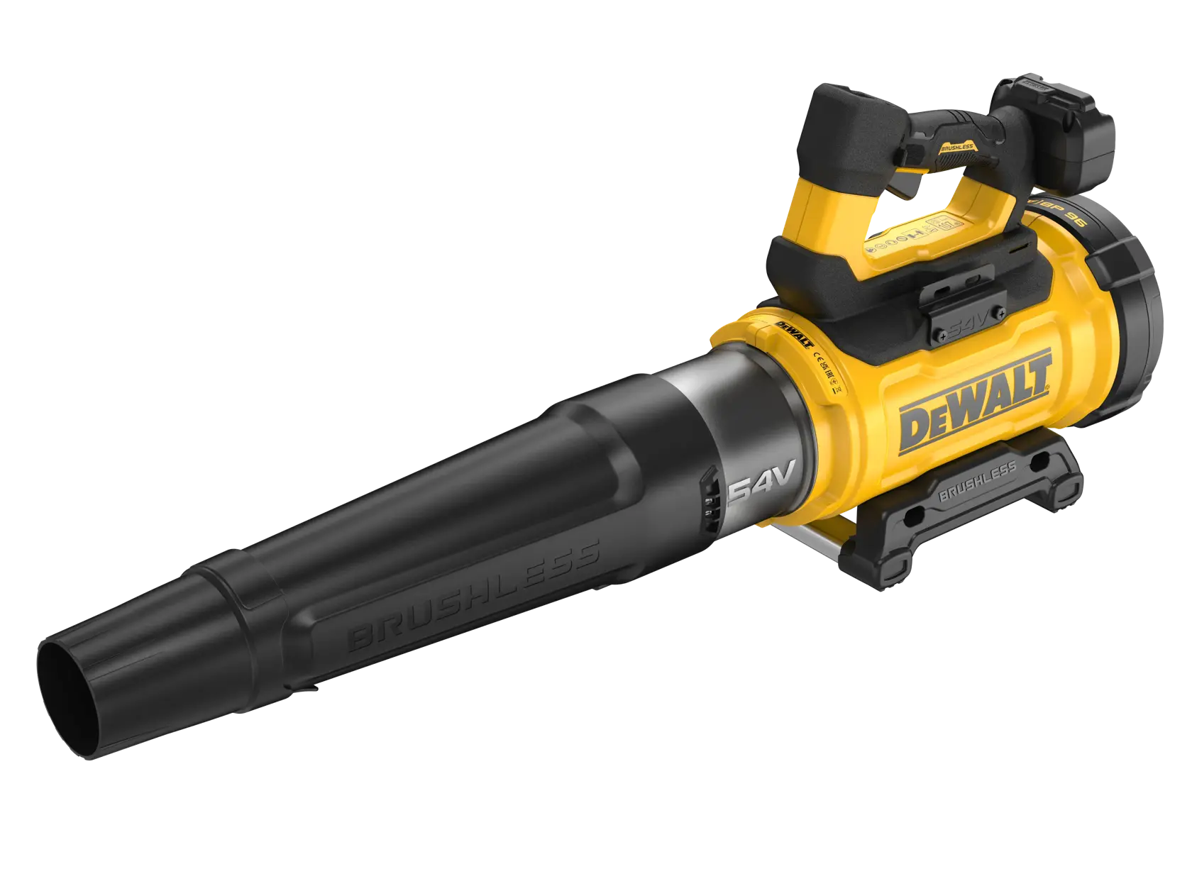 Soplador de hojas DEWALT 54V inalámbrico con mango ergonómico y motor sin escobillas, sobre fondo blanco.