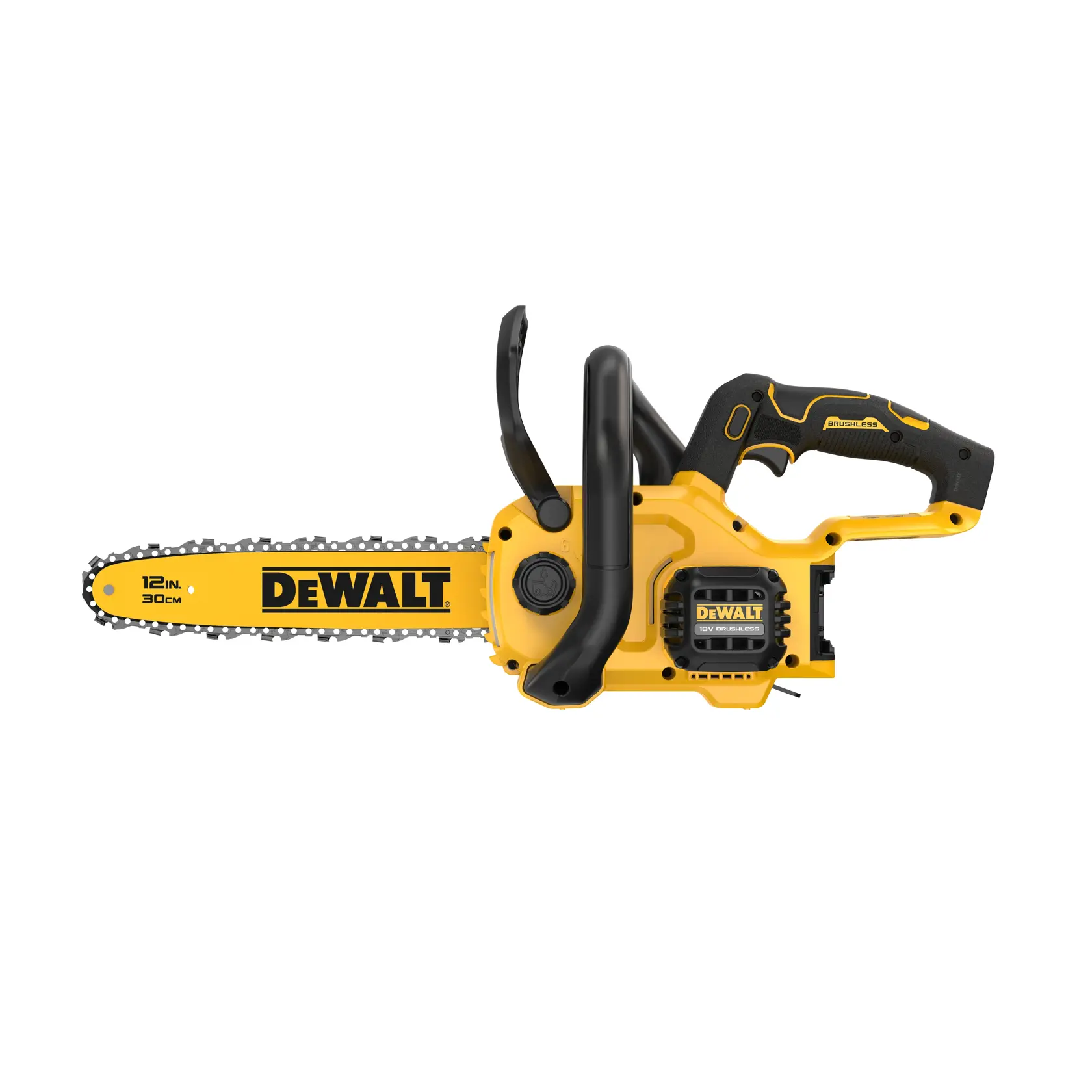 DEWALT Kettensäge gelb seitlich. SKUs: DCMCS565N, DCMCS565N-XJ. Kategorie Fotografie.