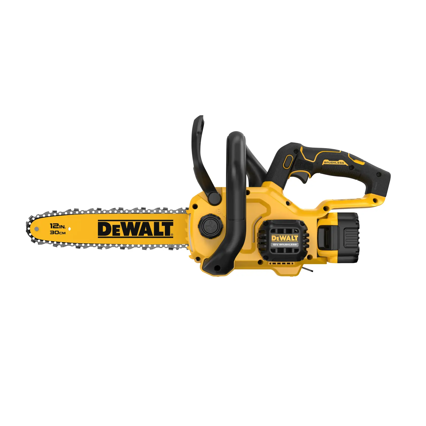 DEWALT chainsaw, 12-inch, yellow, SKUs DCMCS565P1-QW and DCMCS565P1, photography product.