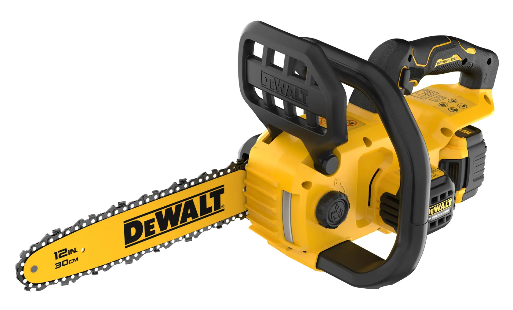 DEWALT chainsaw, 12in/30cm, SKUs DCMCS565P1-QW, DCMCS565P1, yellow, photography product.