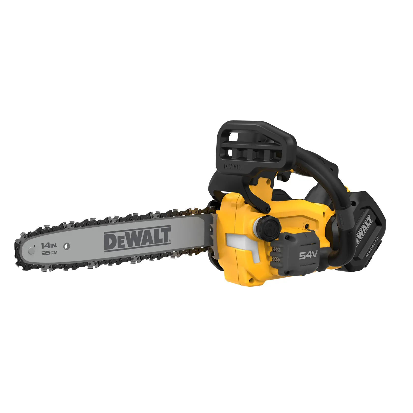 Motosierra inalámbrica DEWALT amarillo-negra, 54V, hoja de 14 pulgadas, sobre fondo blanco.