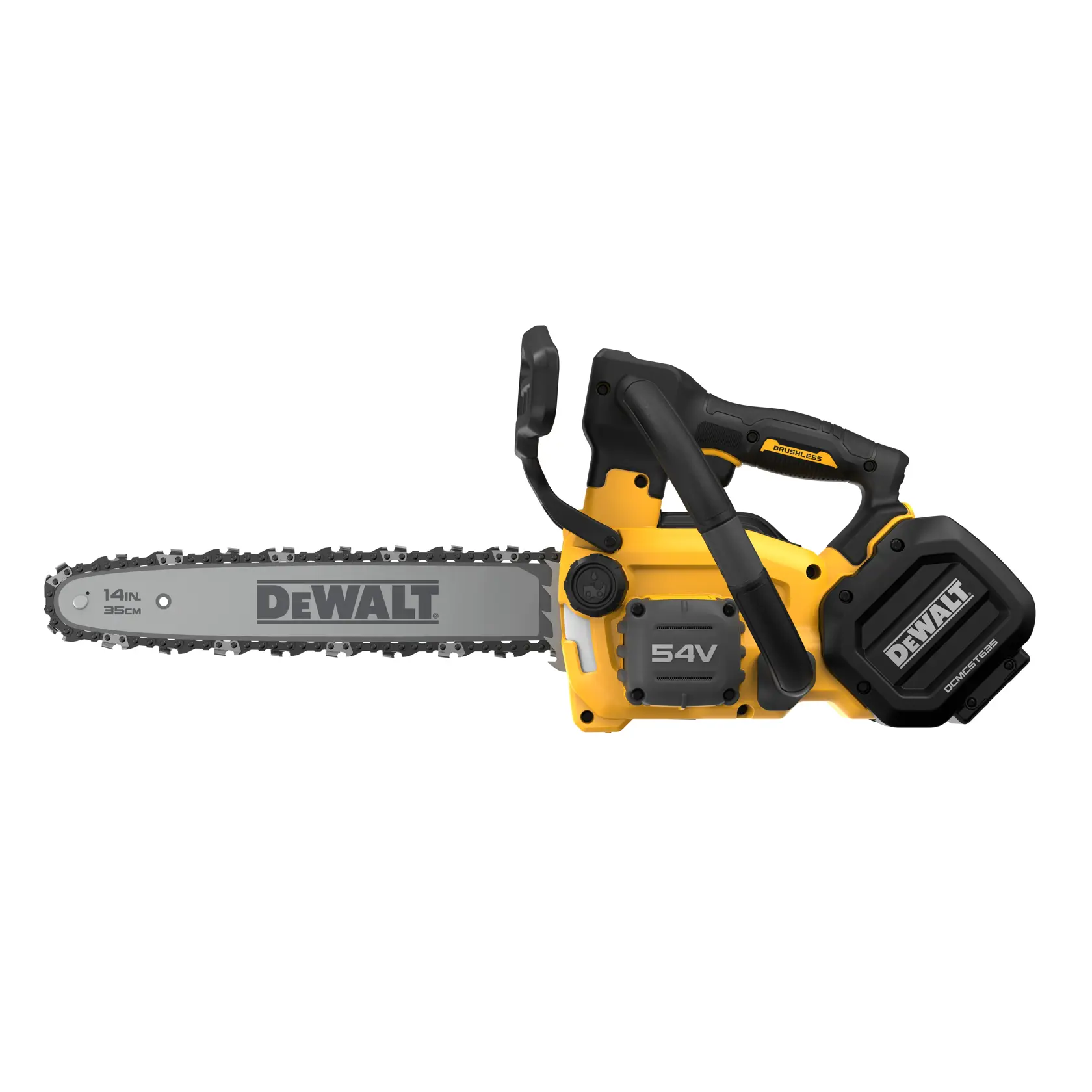 Motosierra inalámbrica DEWALT 54V con hoja de 35 cm. Diseño amarillo y negro, ideal para cortar exteriores.