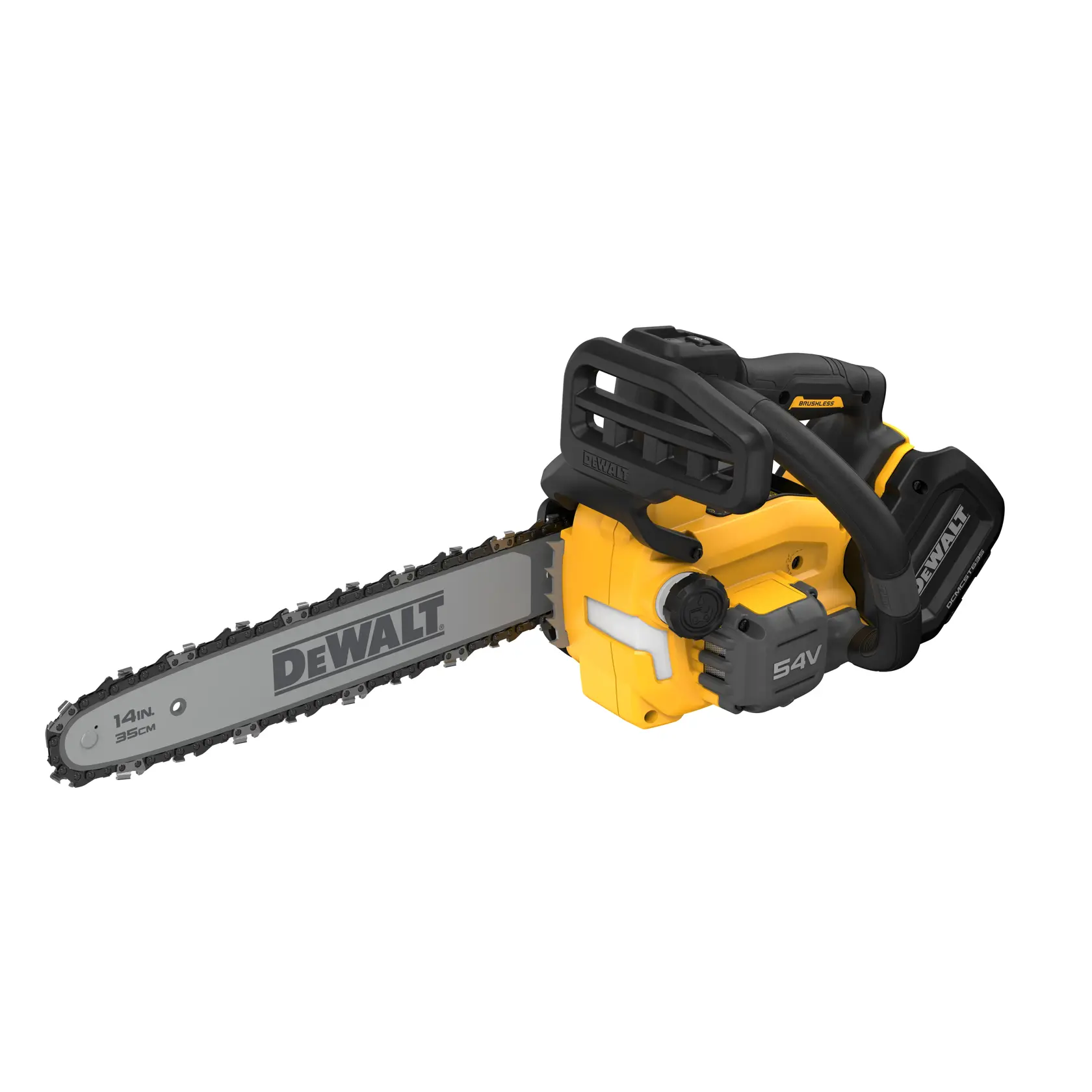 Motosierra inalámbrica DEWALT con cuerpo amarillo y hoja de 35 cm sobre fondo blanco.