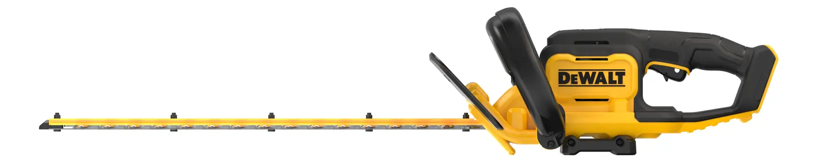 Gelber und schwarzer kabelloser Heckenschneider mit ergonomischem Griff, DEWALT, auf weißem Hintergrund.