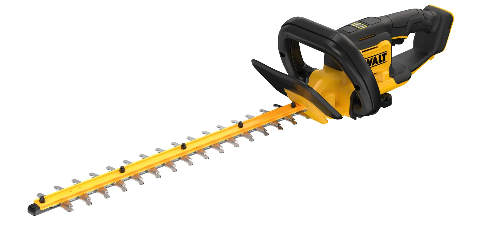 DEWALT Akku-Heckenschere mit gelb-schwarzem Griff und langem Messer auf weißem Hintergrund.