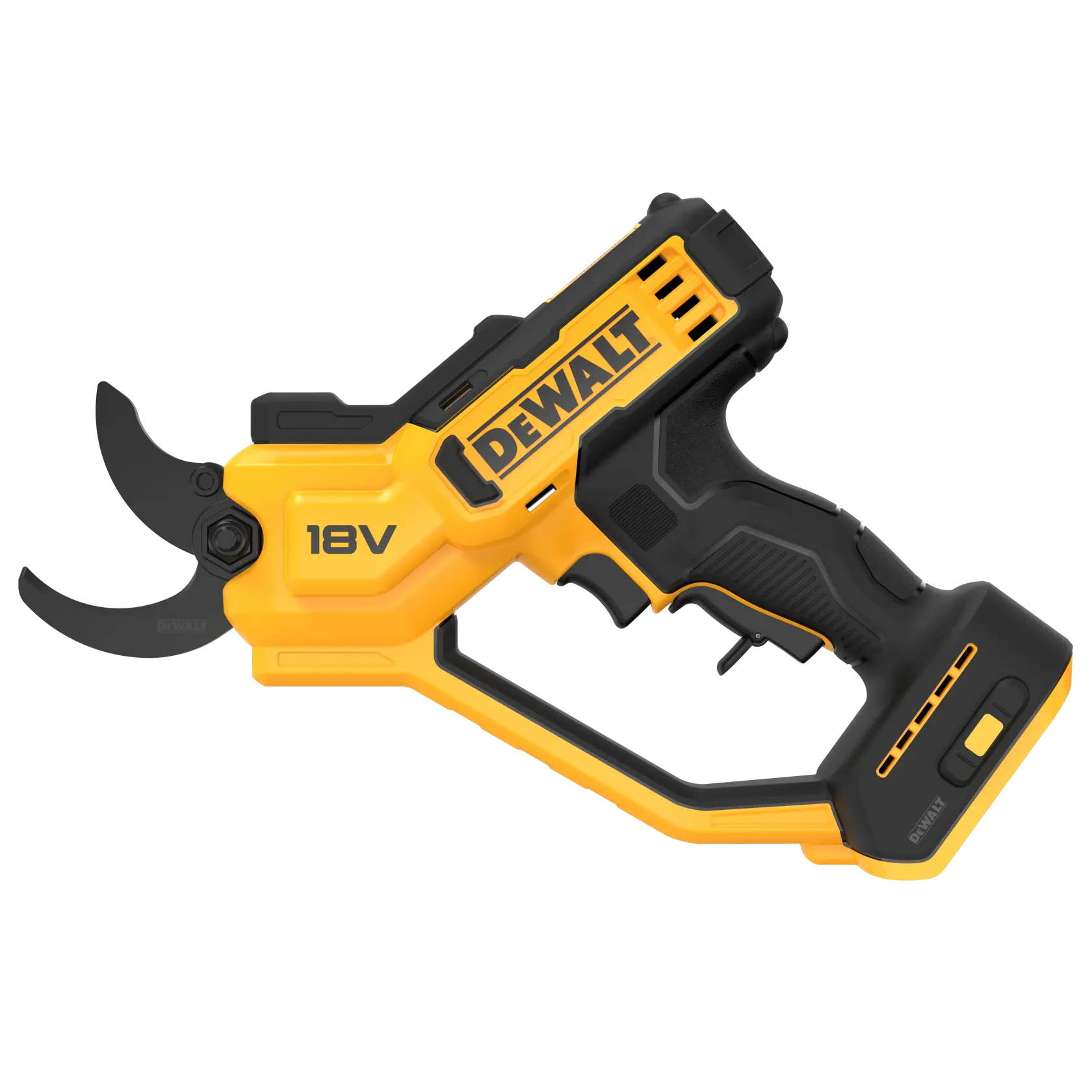 Tijera inalámbrica DEWALT 18V, cuerpo negro y amarillo, mango ergonómico y hoja afilada.