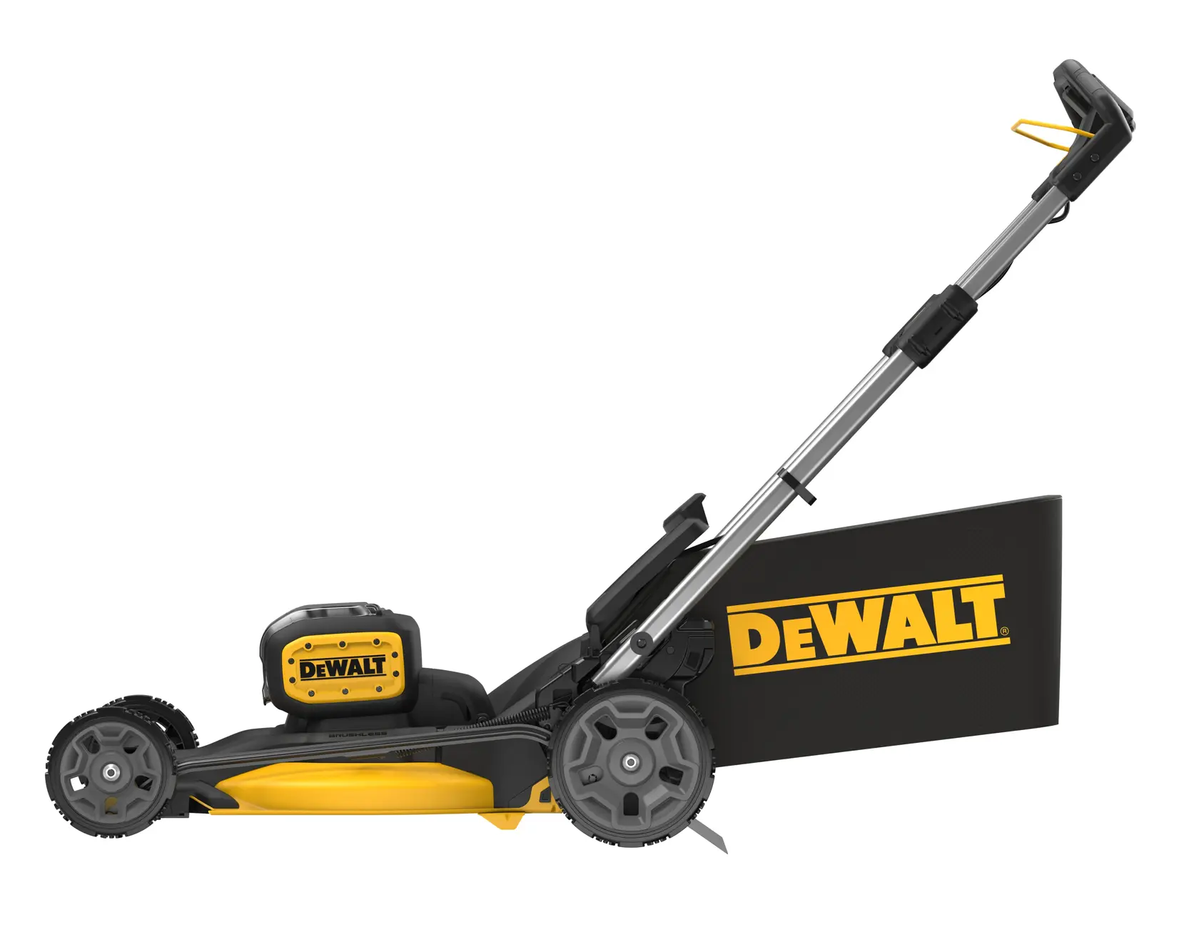Vista lateral de cortacésped inalámbrico DEWALT negro y amarillo con bolsa recolectora de césped.