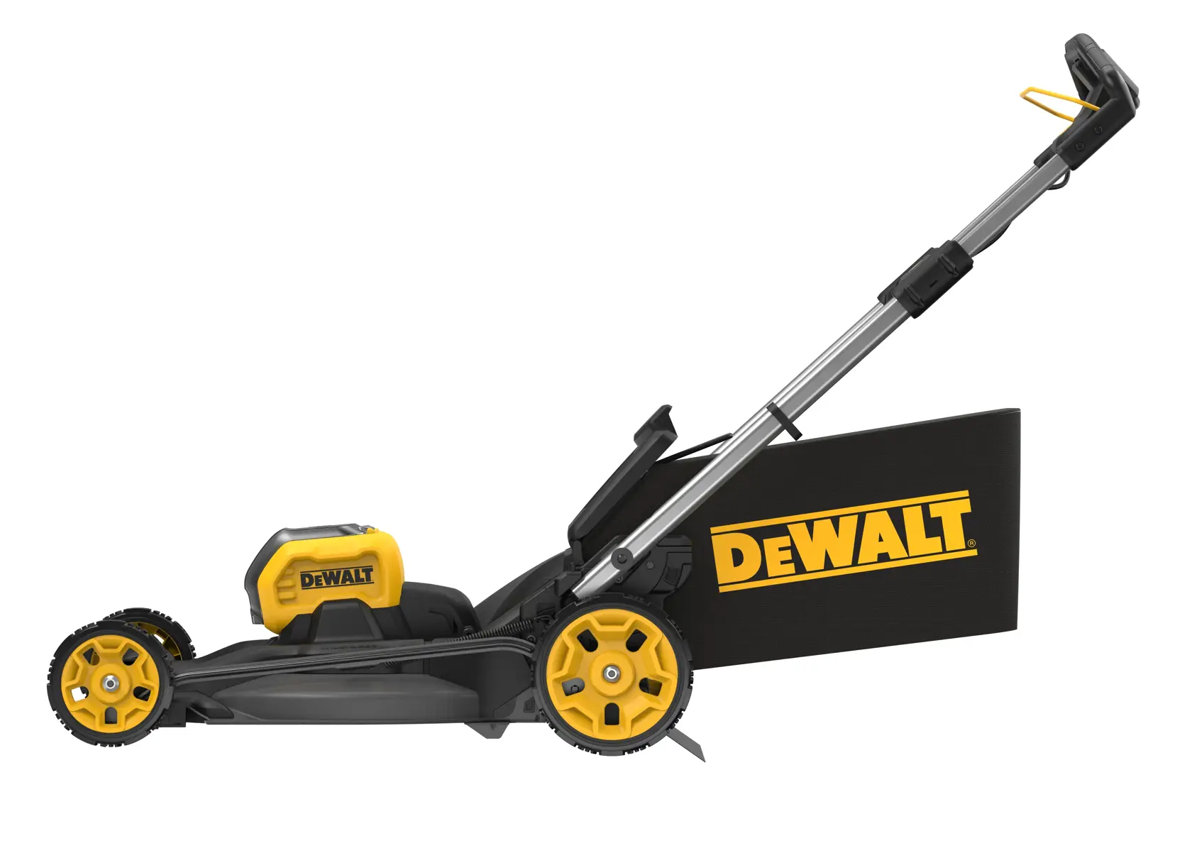 DEWALT kabelloser Rasenmäher mit gelben Rädern und schwarzem Grasfangkorb, Seitenansicht.