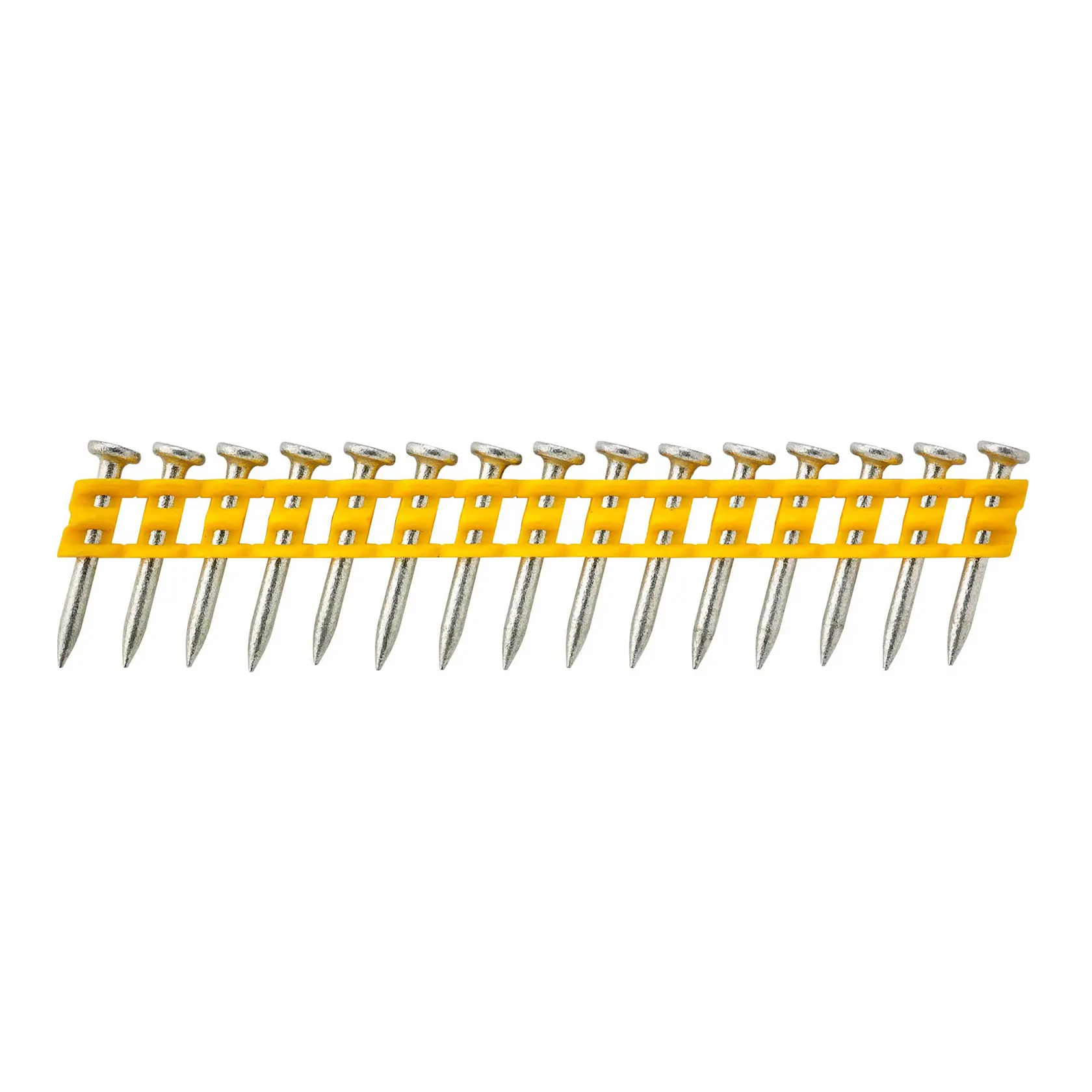 Tira de clavos agrupados con soporte amarillo, apta para herramientas de clavos.