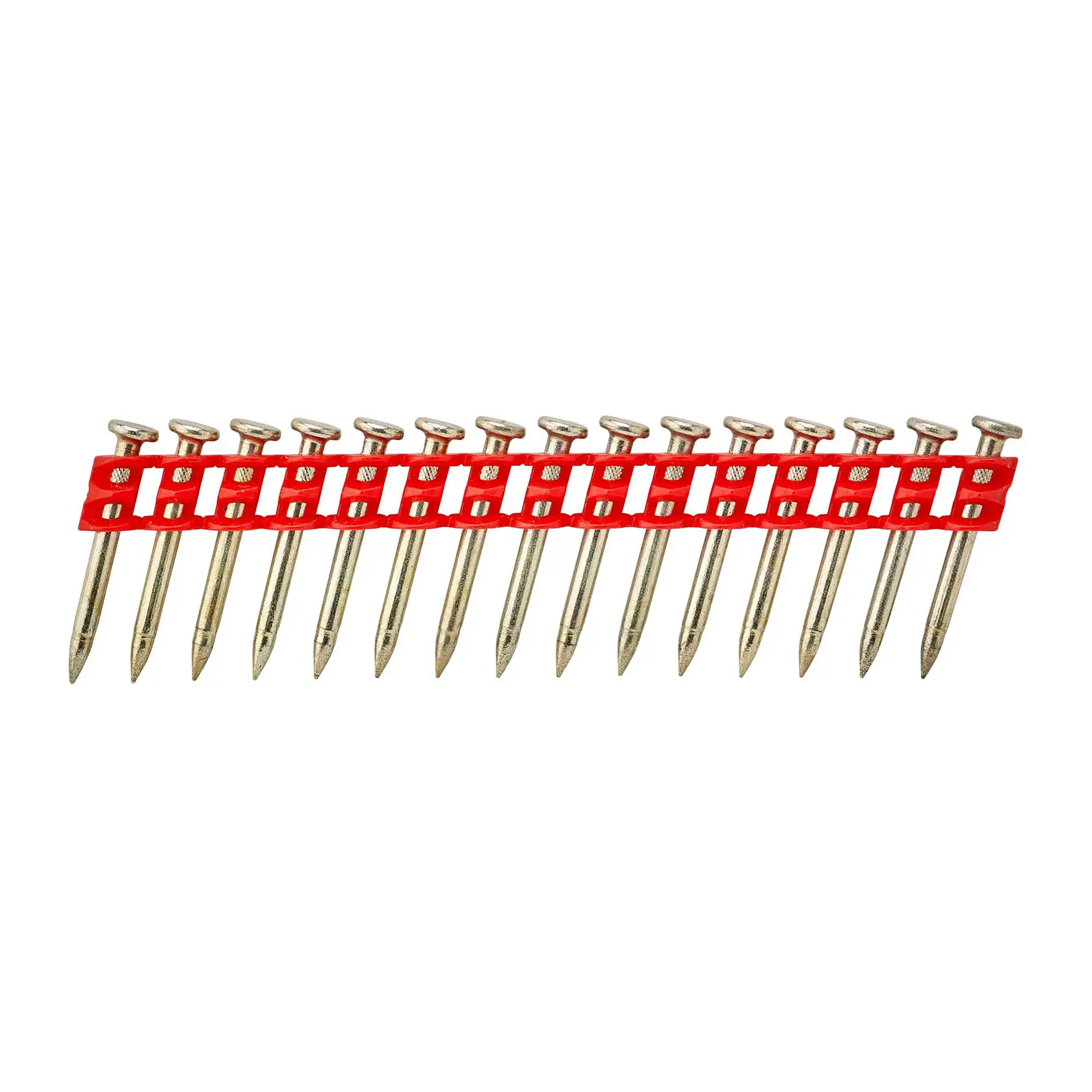 Clavos agrupados con cabeza plana unidos por tira roja, usados en pistolas de clavos para construcción.