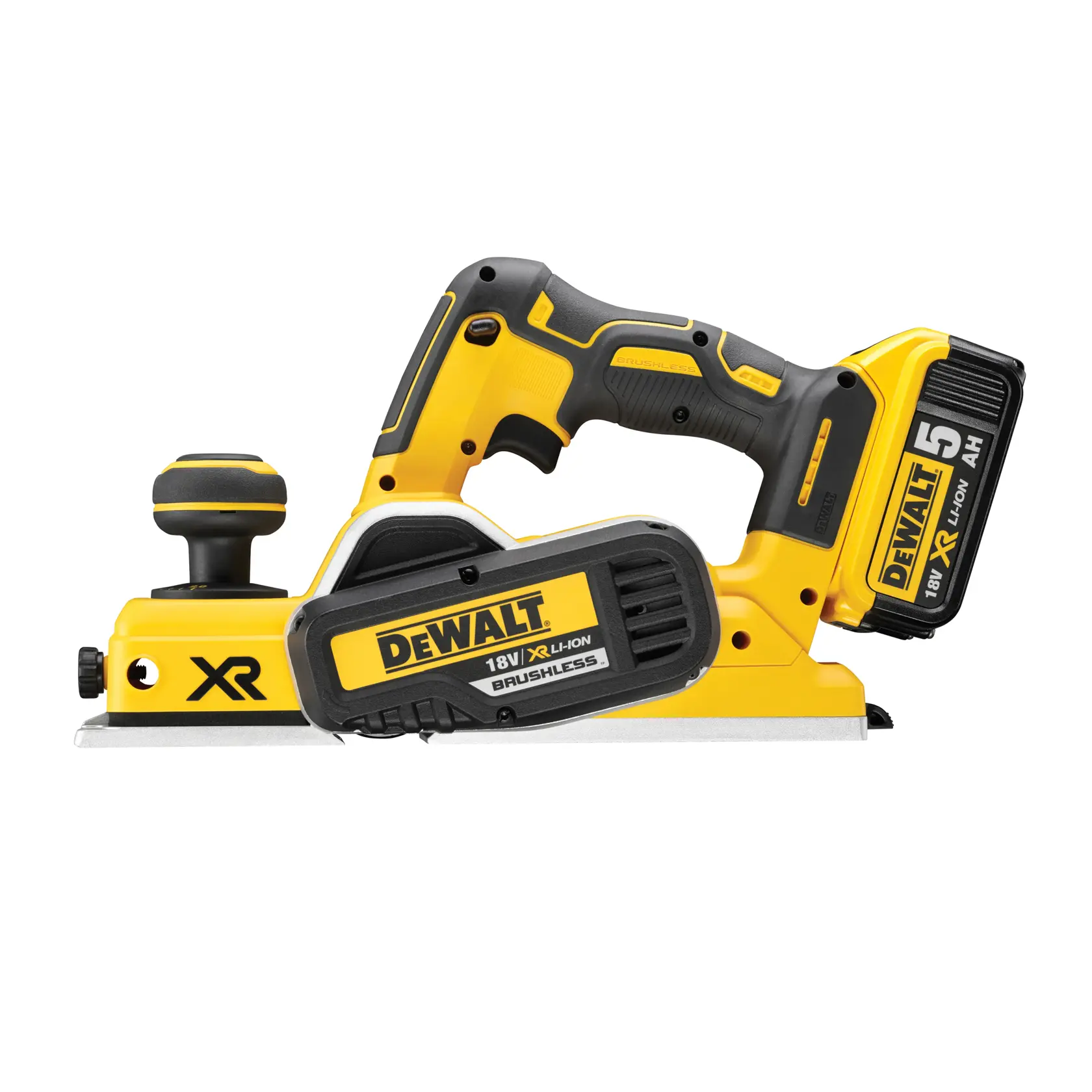 DEWALT DCP580P2 yellow and black cordless planer with 18V XR Li-Ion 5Ah battery, brushless motor, side view.