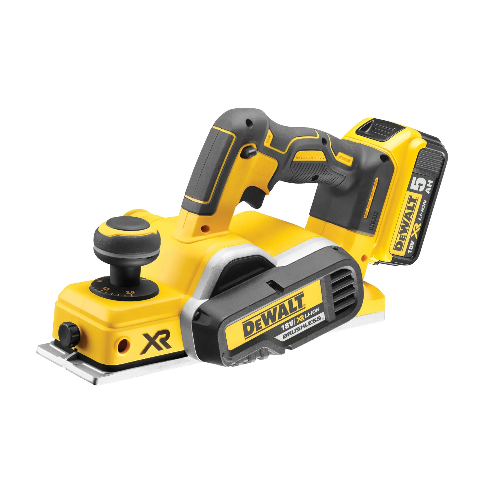 DEWALT cordless planer with ergonomic handle and 18V XR 5Ah battery.