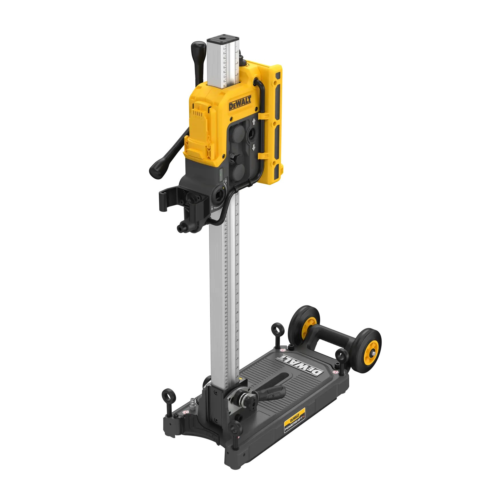 A DEWALT DCPS151 photography tool is shown, featuring a sturdy base with wheels, an adjustable vertical column, and a yellow and black mechanism attached for precise positioning.