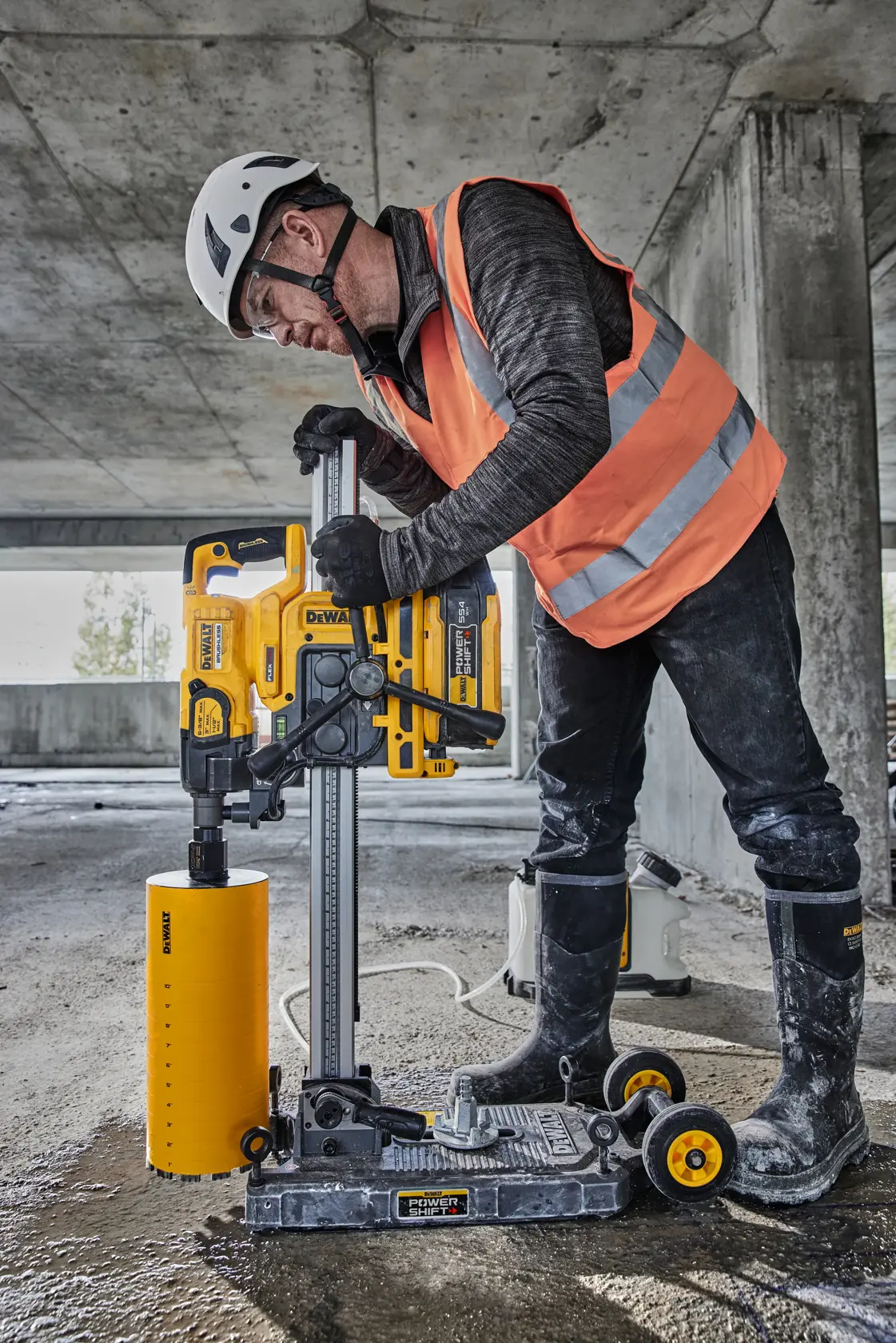 A DEWALT Powershift tool stand is shown. It features mirrored user controls, an adjustable angle ratchet, convenient mounting, and an integrated vacuum base. TOOL CONNECT™ DCE041 tracking device is also highlighted, which is sold separately.