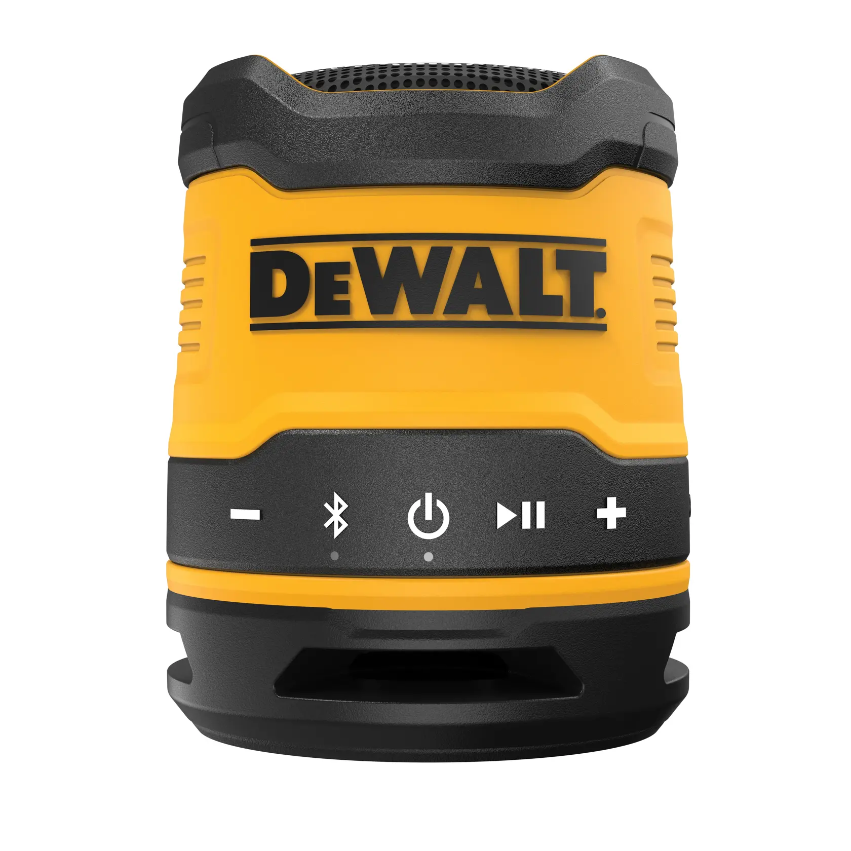 Front view of a DEWALT portable Bluetooth speaker, model DCR009, in yellow and black. The speaker has control buttons for volume, Bluetooth connectivity, power, and playback located on the front.
