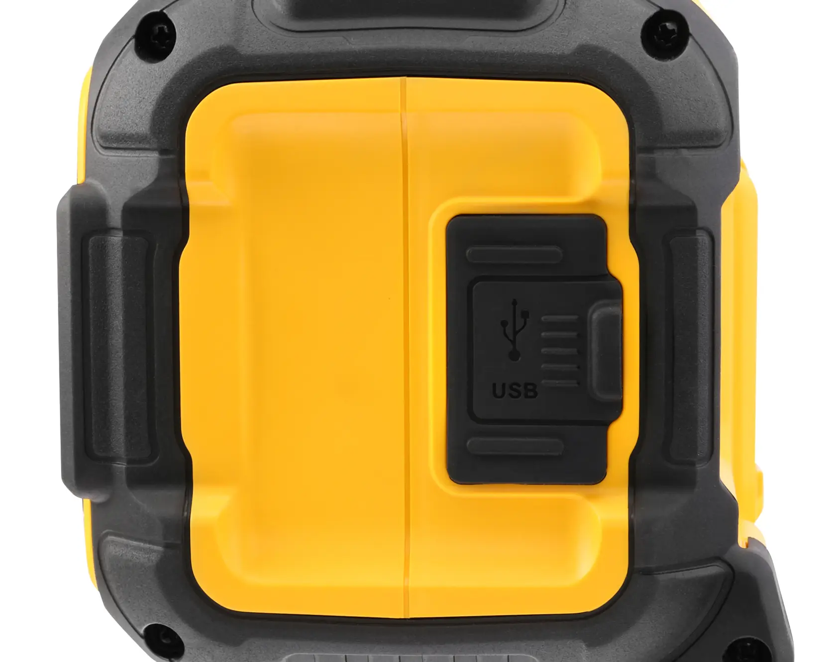 Nahaufnahme eines DEWALT Geräts mit USB-Abdeckung im schwarzen und gelben Gehäuse.