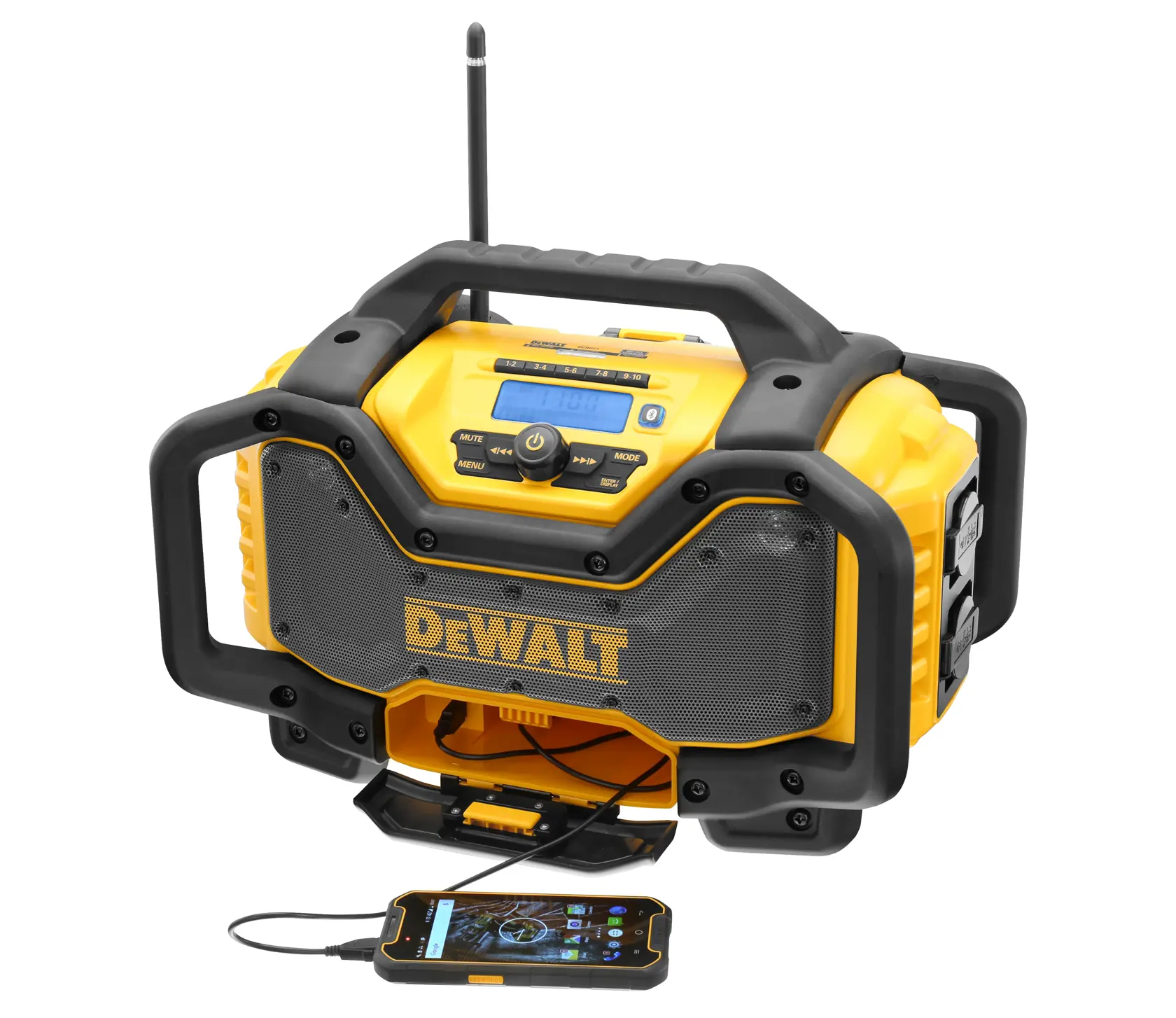 Gelbes DEWALT Radio mit Griff, Lautsprechern und angeschlossenem Handy. Robust und tragbar gebaut.