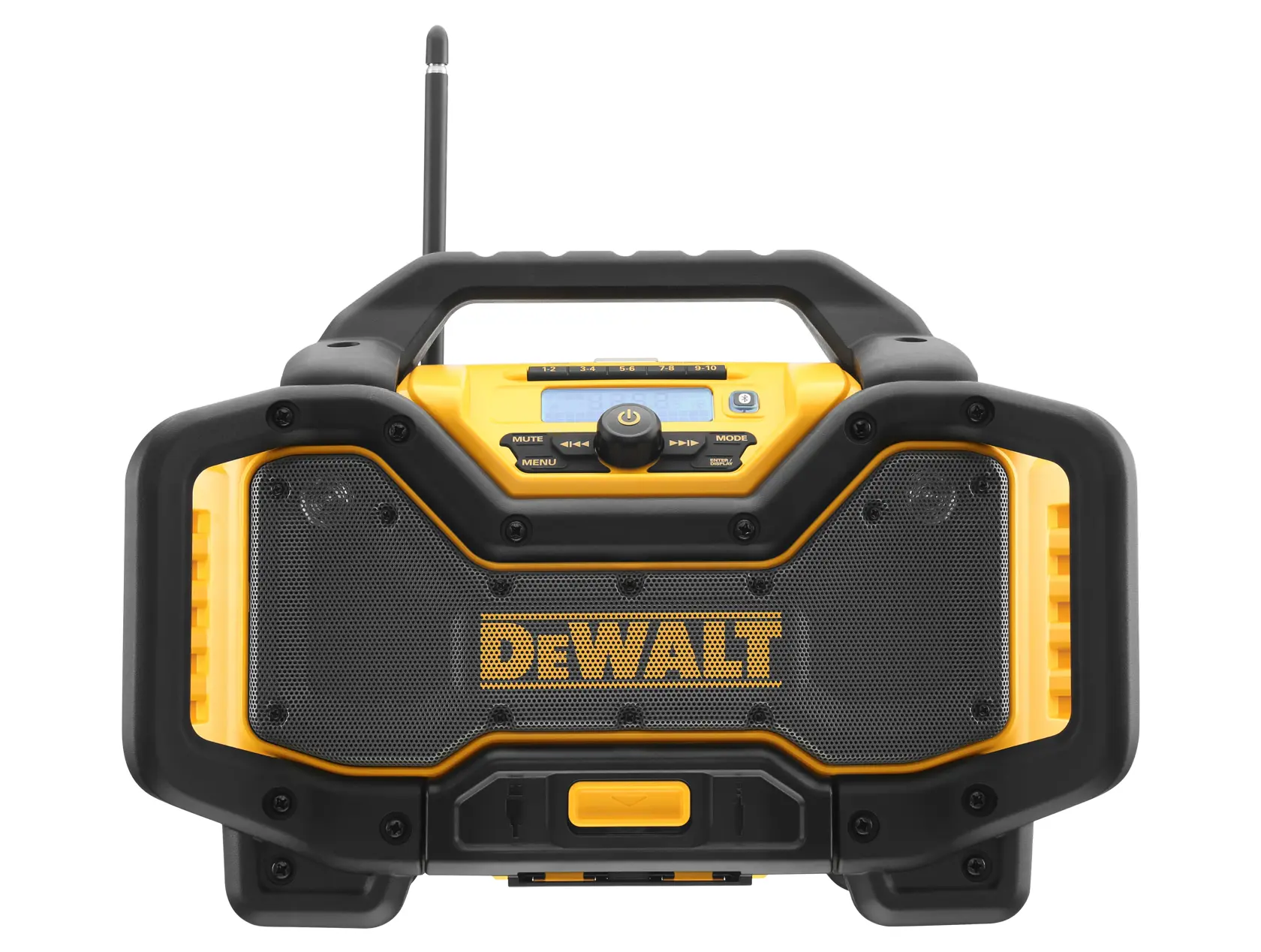 DEWALT Baustellenradio in Gelb-Schwarz mit Bedienfeld vorne und Antenne.