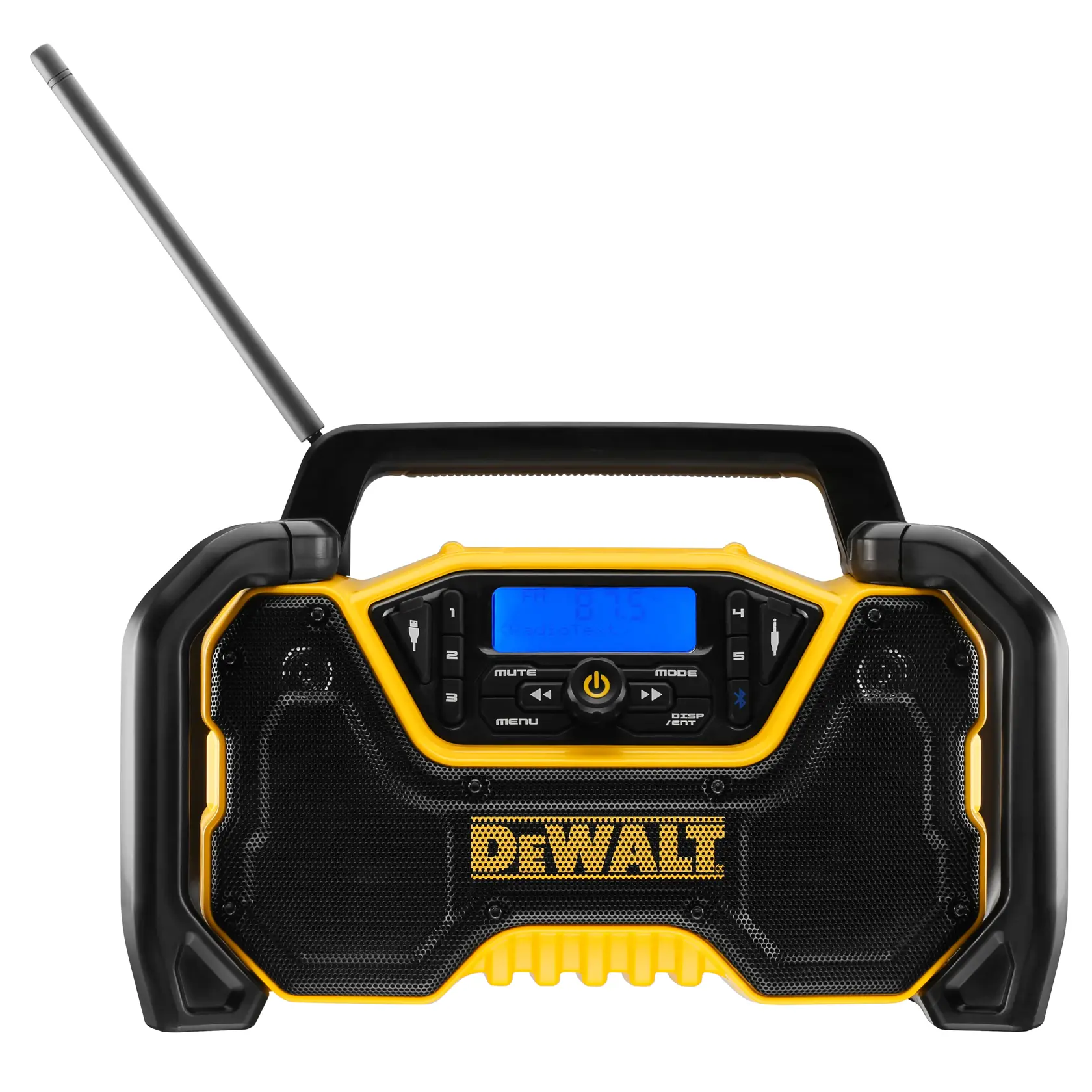 DEWALT Radio und Fotozubehör, SKUs DCR029 und DCZ1201P3-XE, schwarz-gelb, Vorderansicht.