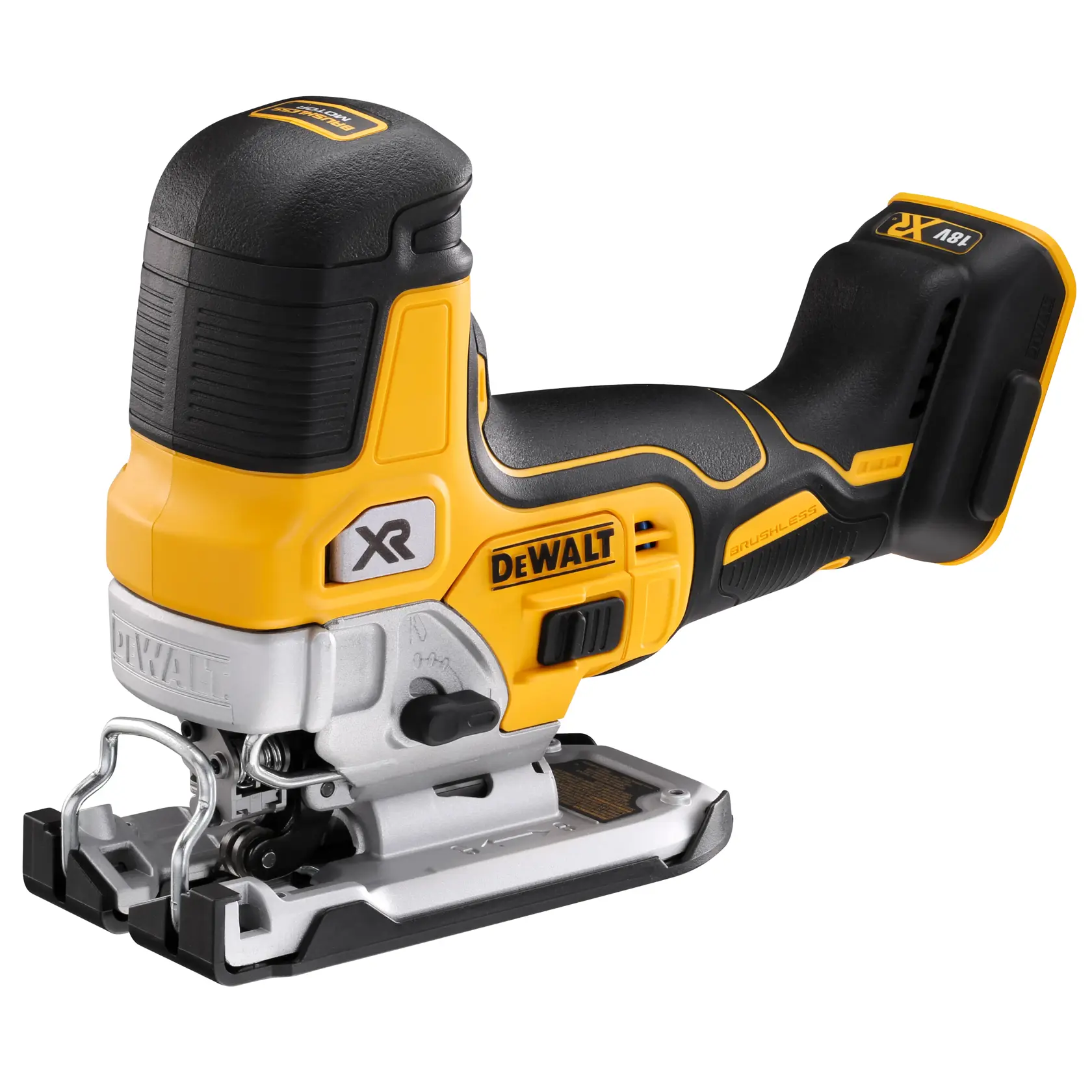 DEWALT DCS335N cordless jigsaw, yellow and black, shown without battery attached.