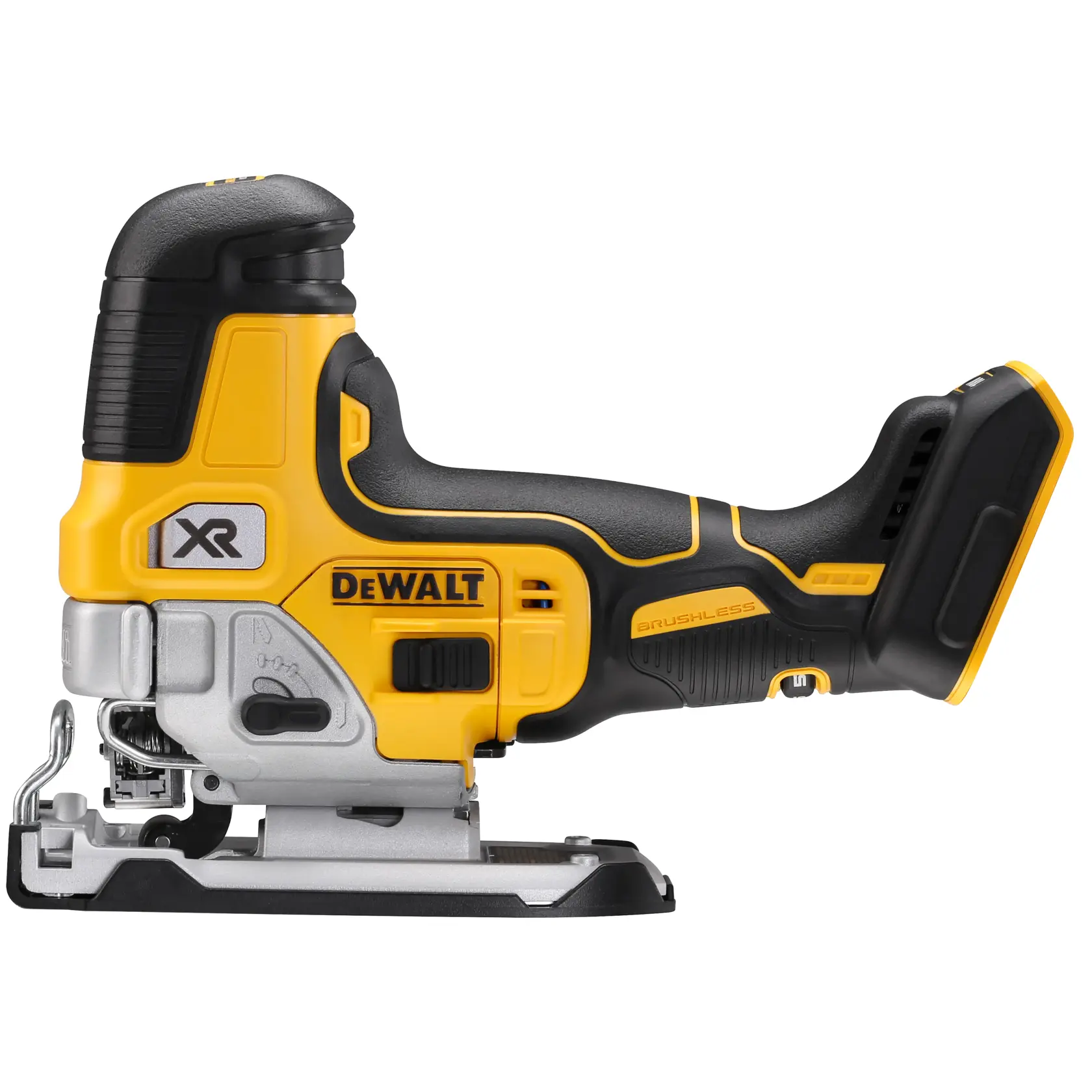 DEWALT cordless jigsaw, yellow and black, model DCS335N, brushless tool for cutting materials.