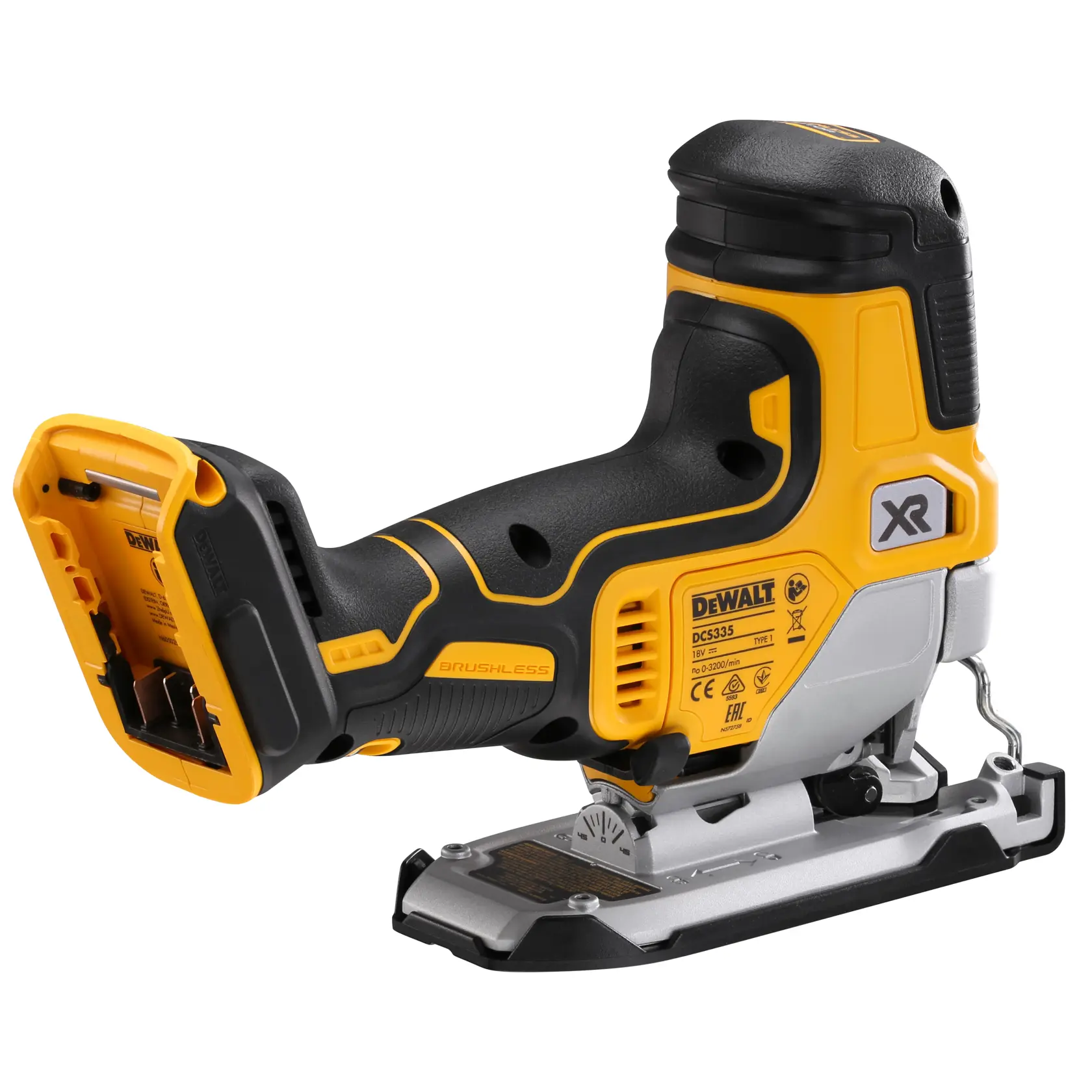 DEWALT DCS335N cordless jigsaw, yellow and black, brushless motor, tool base visible, no battery attached.
