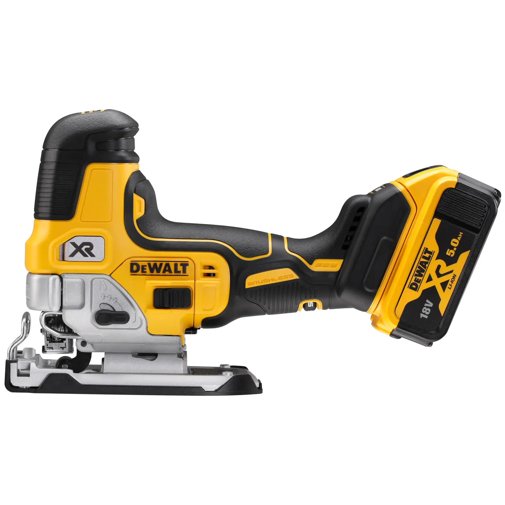 DEWALT cordless jigsaw DCS335P2 with 18V XR battery, shown in side view on white background.