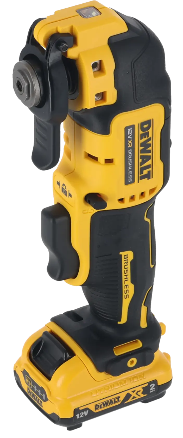 DEWALT kabelloses oszillierendes Multitool, gelb-schwarz, bürstenlos, 12V Akku, stehend.