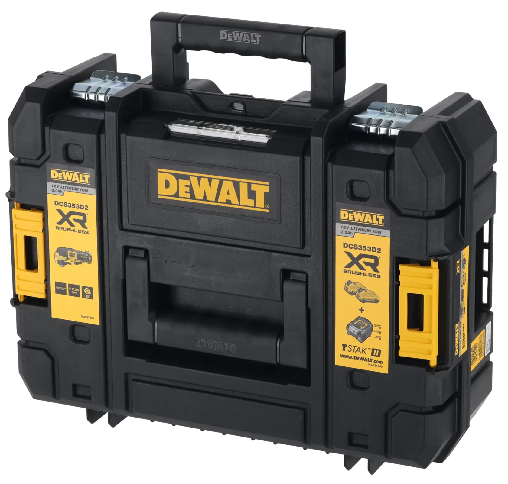 DEWALT DCS353D2 Werkzeugkoffer, schwarz mit gelben Etiketten, stabiler Griff, XR brushless, TSTAK-kompatibel.