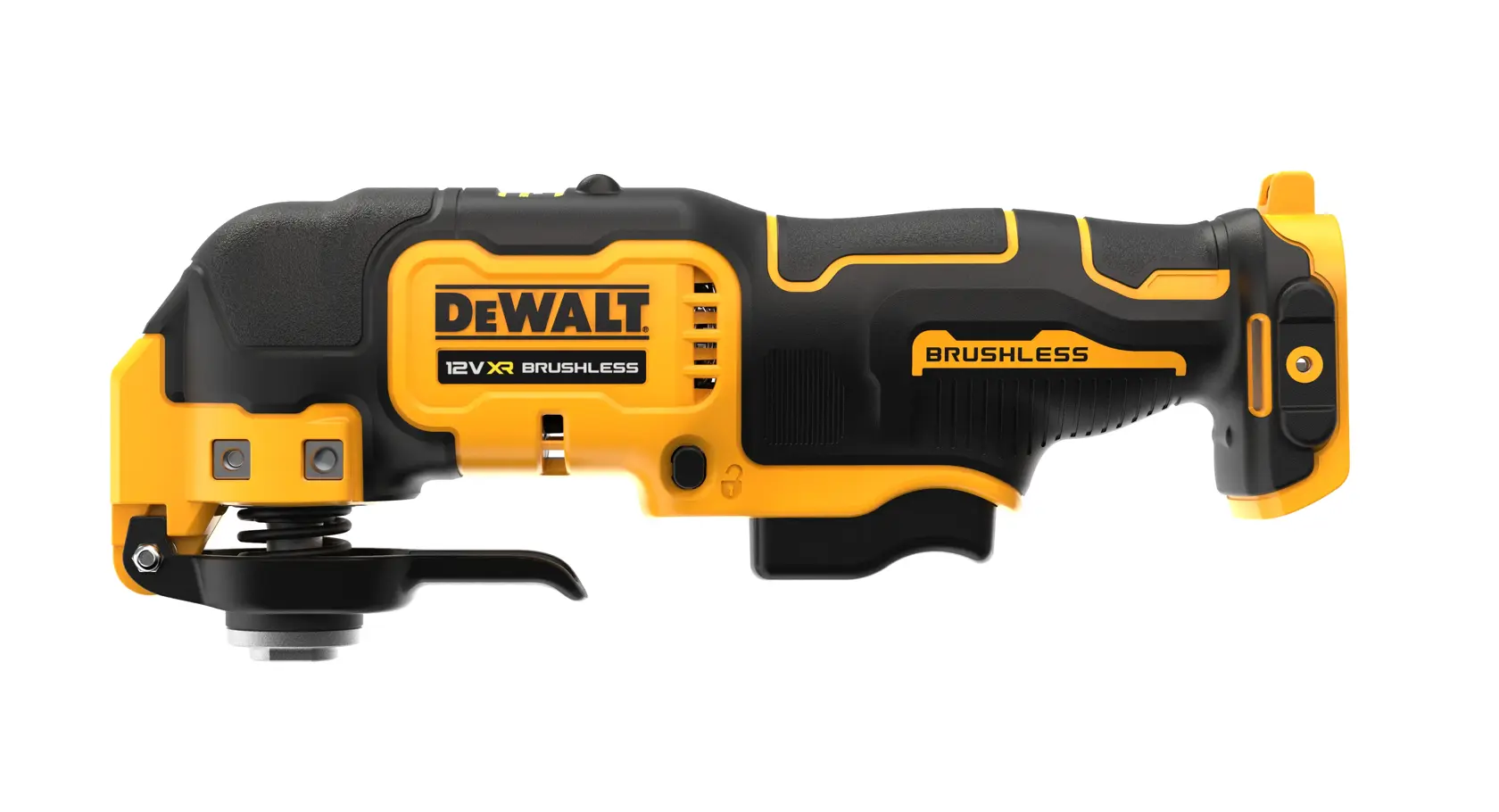 DEWALT 12V XR bürstenloses Multitool, gelb-schwarz, Seitenansicht, zum Schneiden und Schleifen.