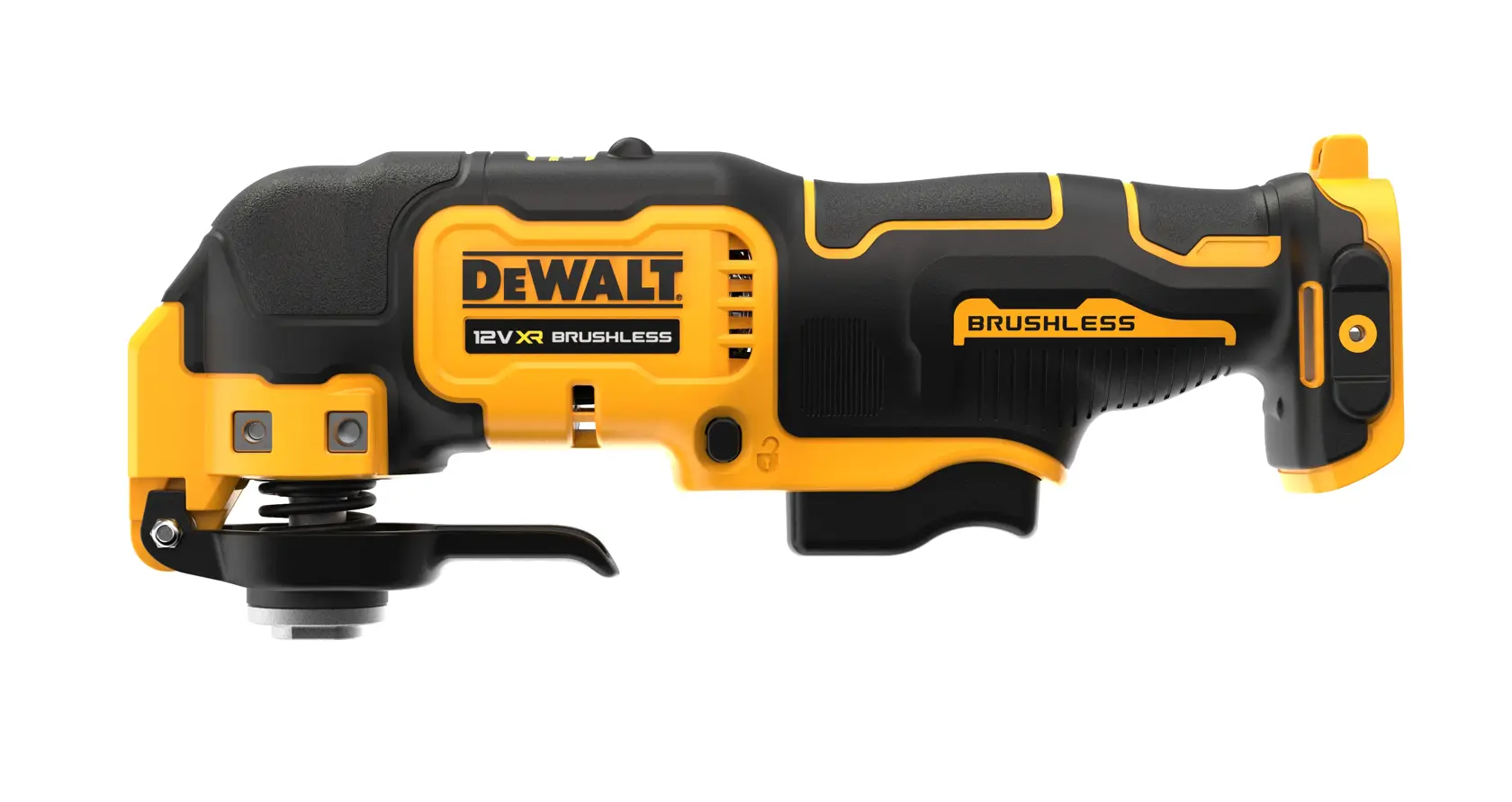 DEWALT DCS353N 12V XR multitool brushless, amarillo y negro, vista lateral sobre fondo blanco.