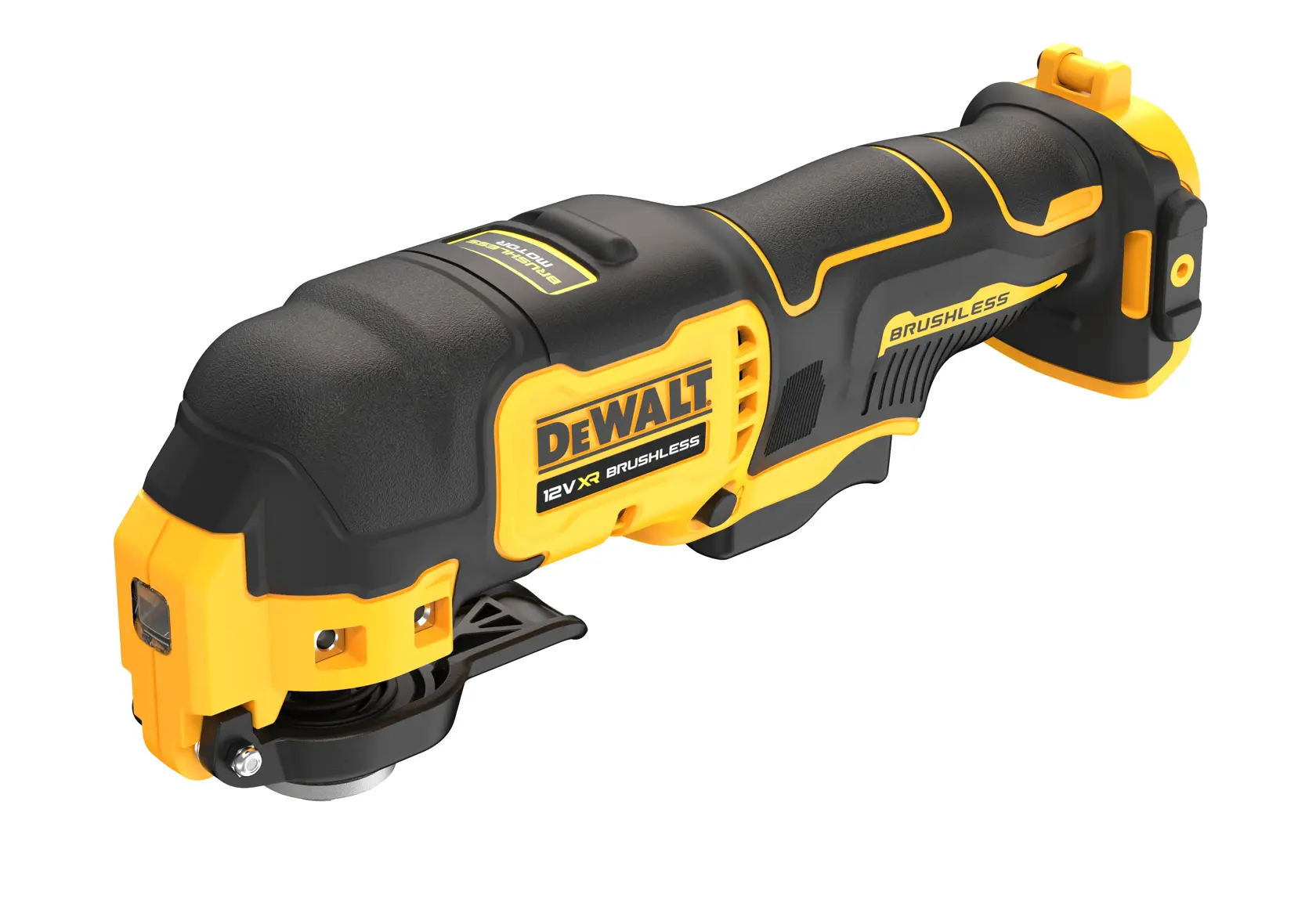 Multiherramienta oscilante DEWALT inalámbrica, brushless, negra y amarilla, sobre fondo blanco.