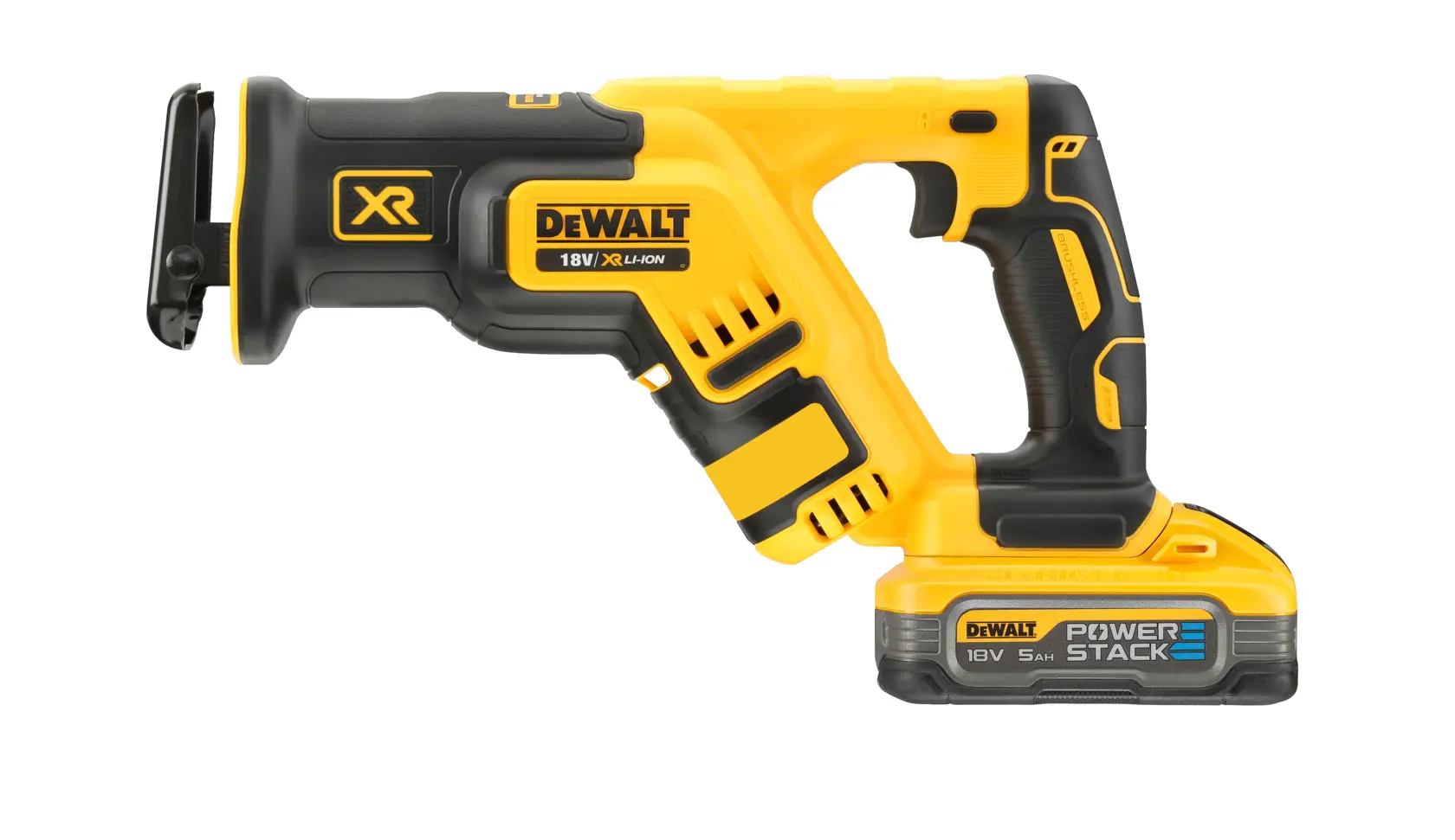 A DEWALT 18V XR Li-Ion cordless reciprocating saw with a POWERSTACK battery, shown against a white background.