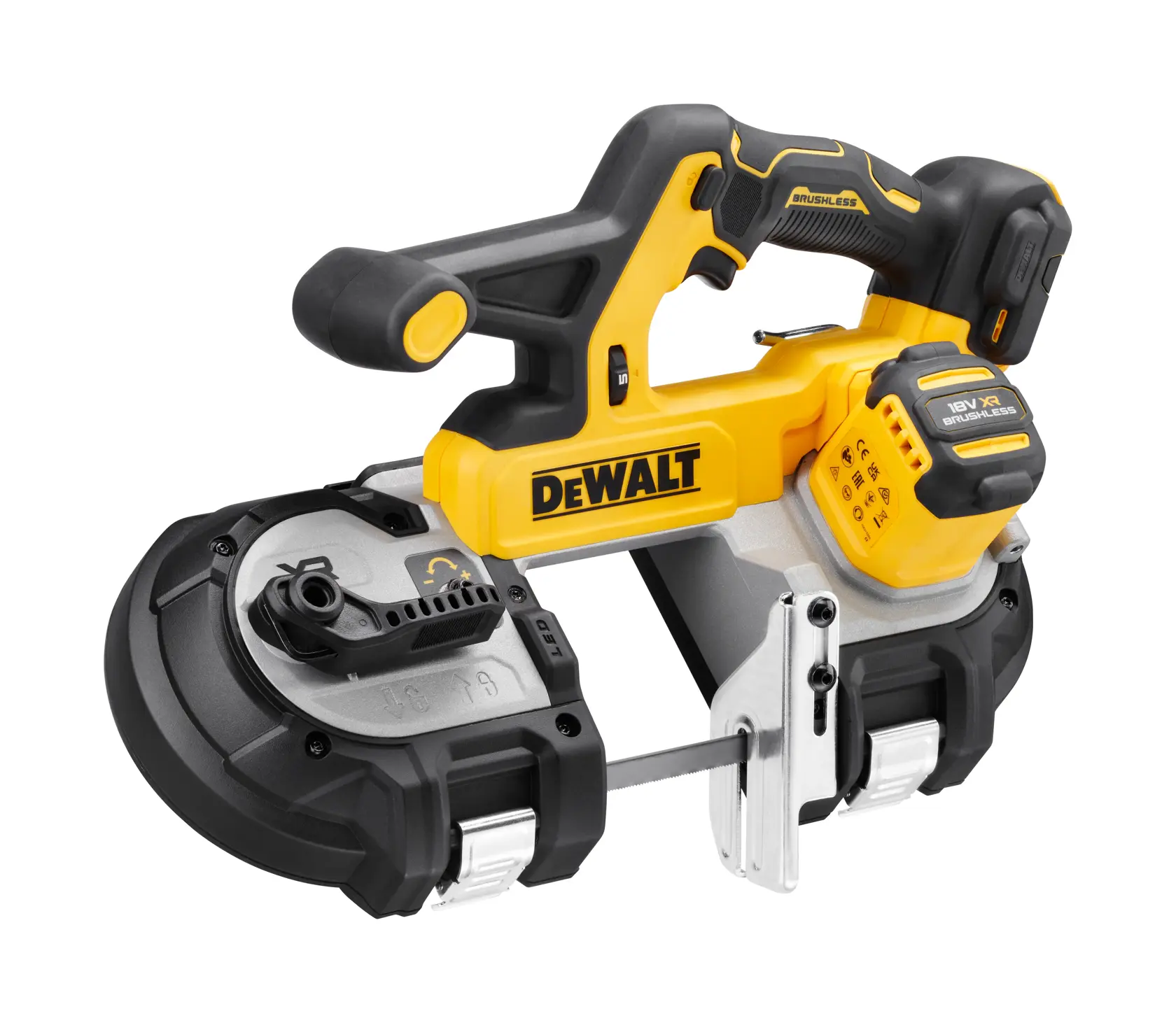 Sierra de banda inalámbrica DEWALT DCS378N amarillo-negro, mostrada con batería.