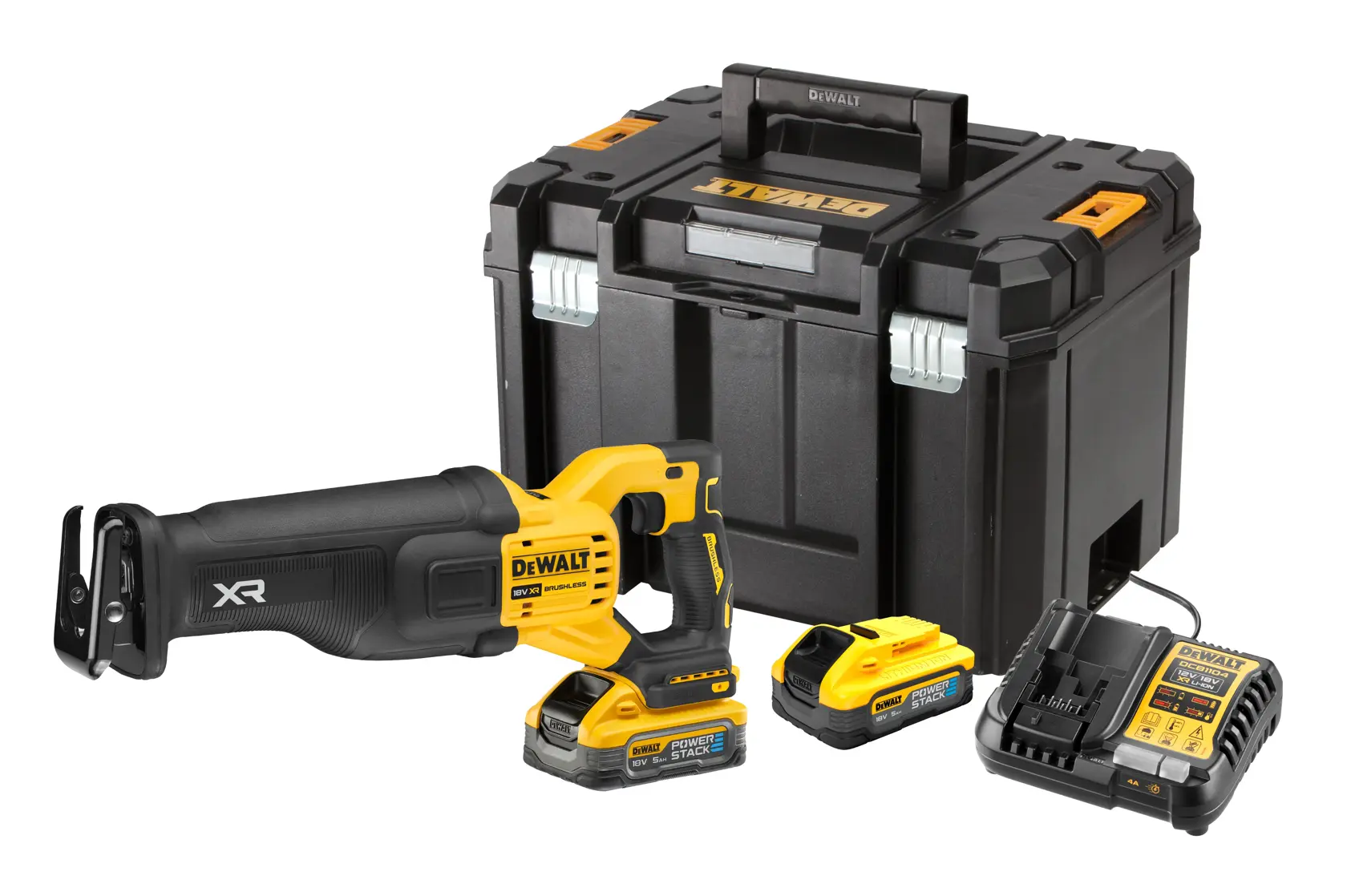 DEWALT cordless reciprocating saw kit, including a yellow and black saw, two battery packs, a charger, and a robust carrying case.