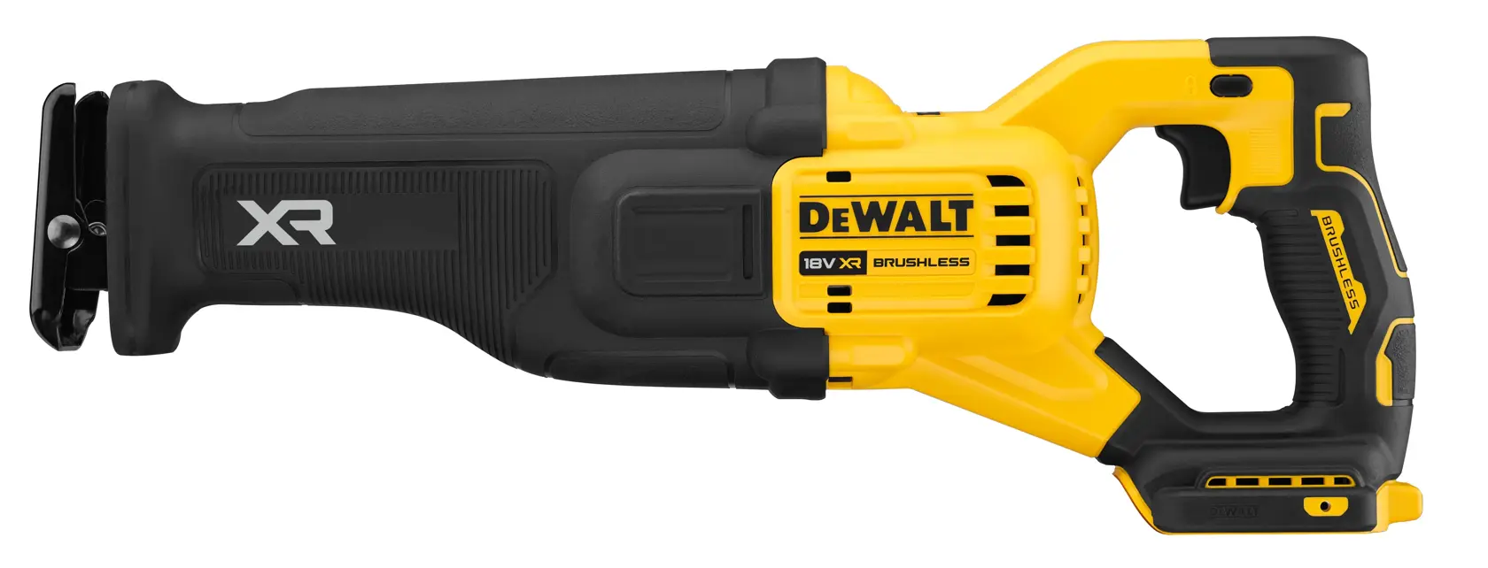 Sierra de sable inalámbrica DEWALT 18V XR, motor brushless, cuerpo amarillo y negro, perfil lateral.