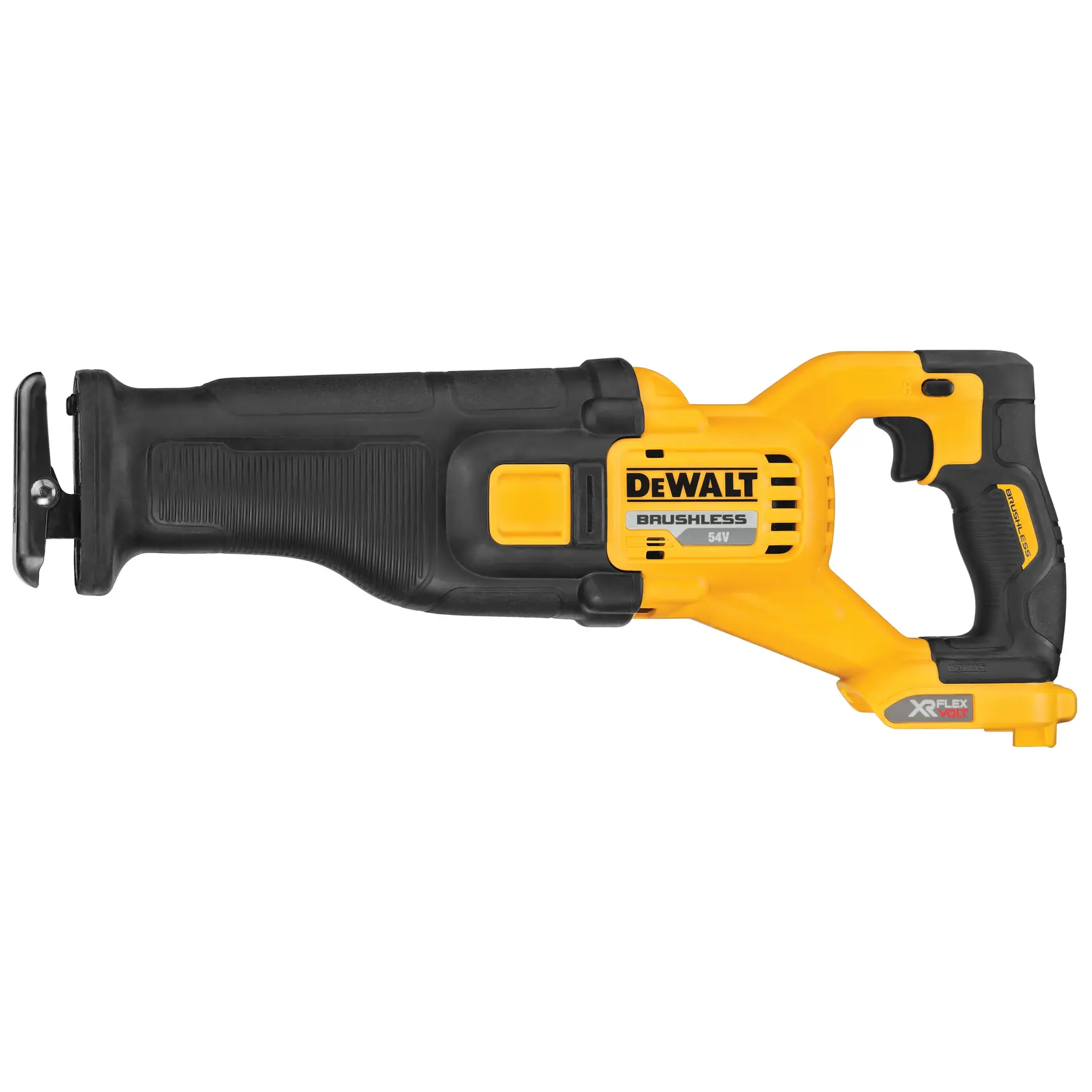 Sierra recíproca DEWALT inalámbrica 54V, diseño negro y amarillo, motor brushless y mango visible.