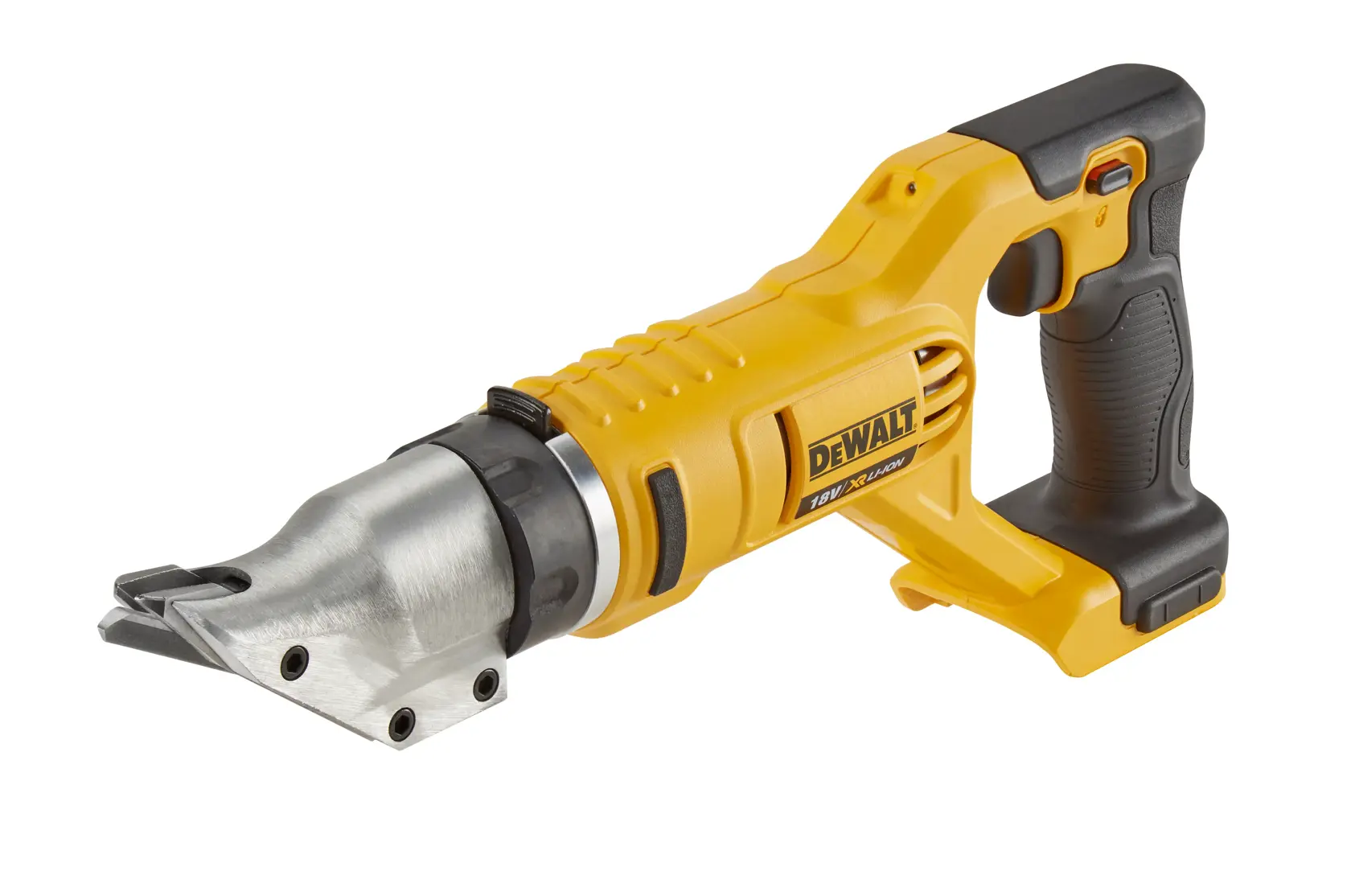 Yellow DEWALT cordless metal shear tool with black handle, shown on a white background.