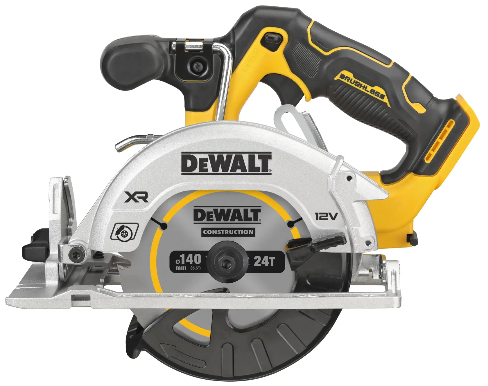 Sierra circular DEWALT 12V inalámbrica con mango amarillo y negro y protector de hoja plateado.