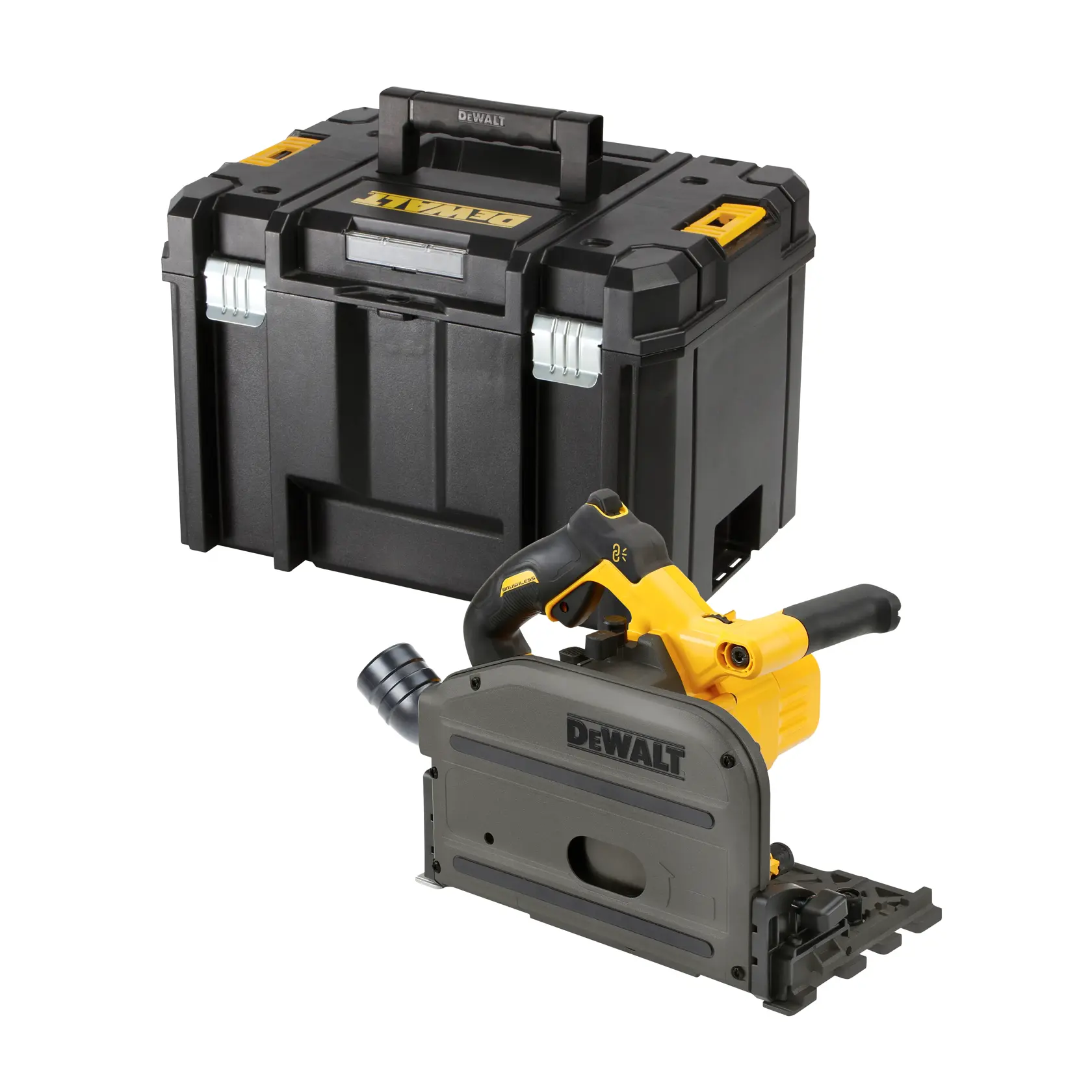 DEWALT Tauchsäge mit stabiler schwarzer Transportbox, geeignet für Holzarbeiten und Schneiden.